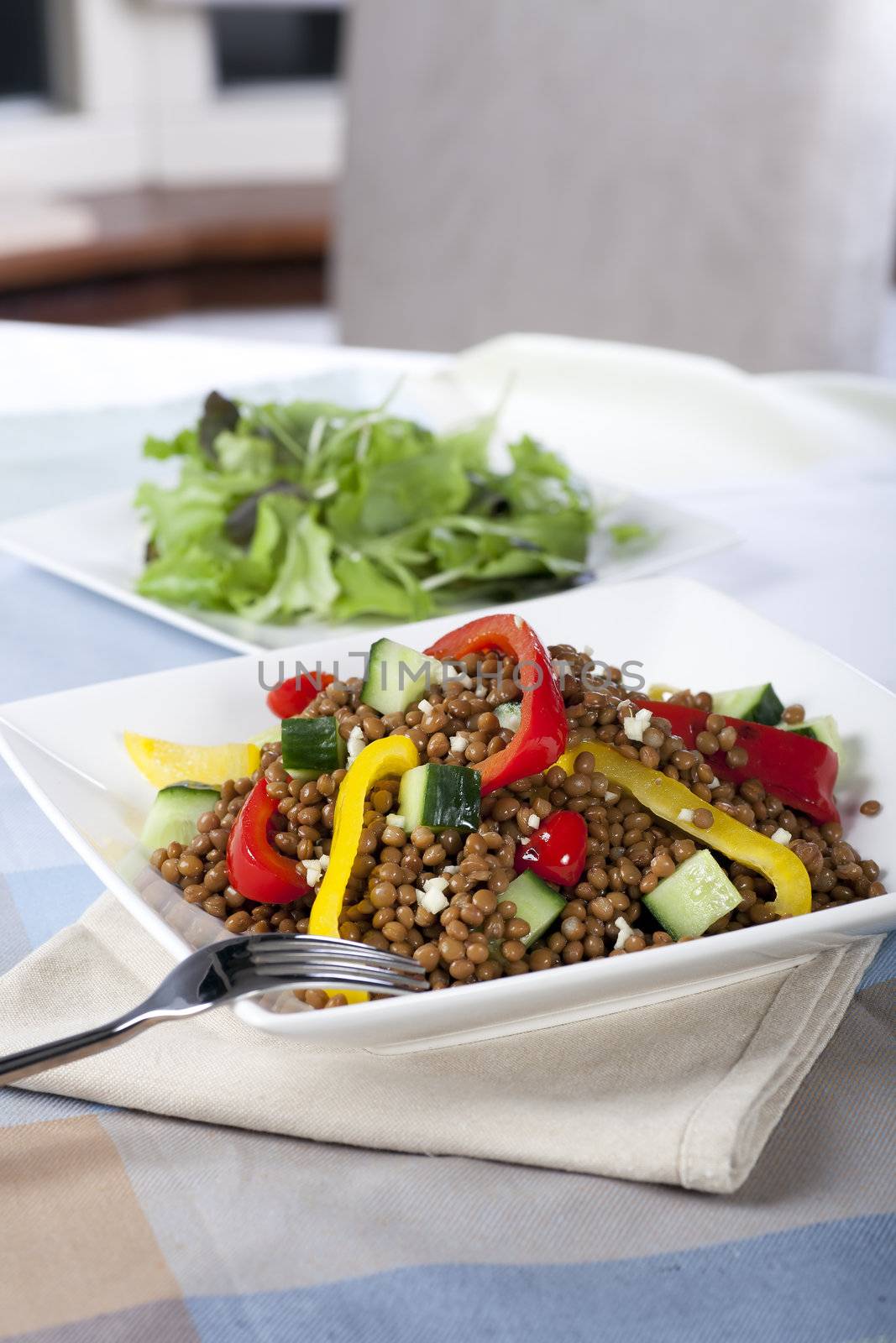 Fresh and healthy vegetarian lentil salad with red and yellow peppers.