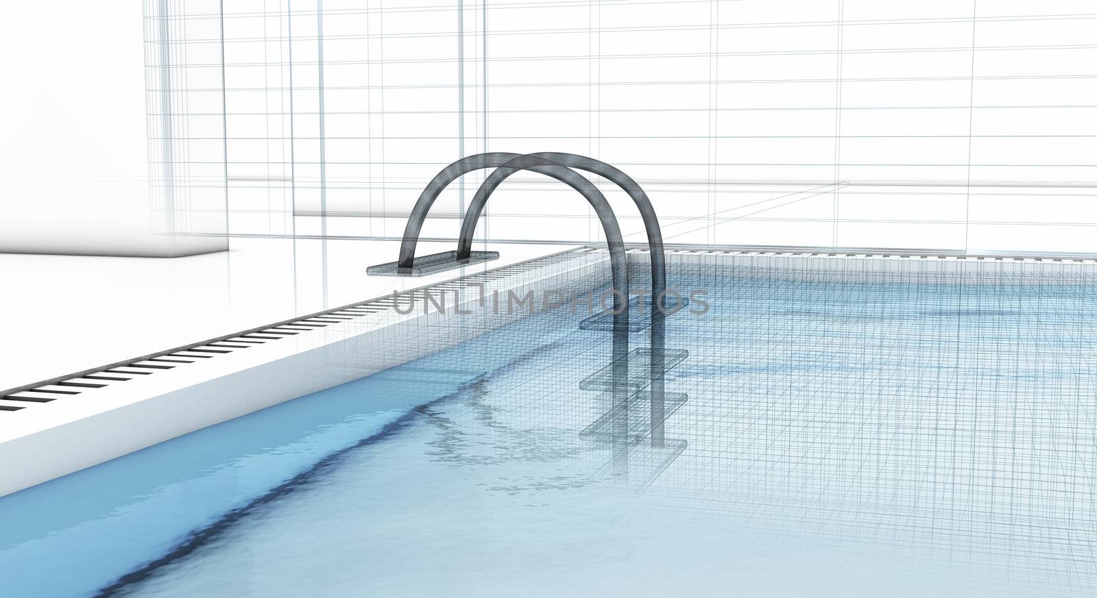 3D image of luxury swimming pool with wire-frame