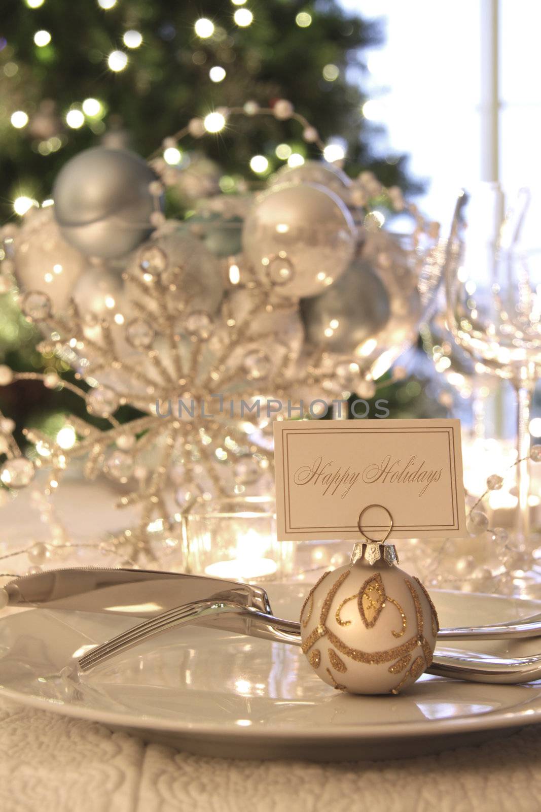 Elegant holiday dinner table with focus on place card by Sandralise
