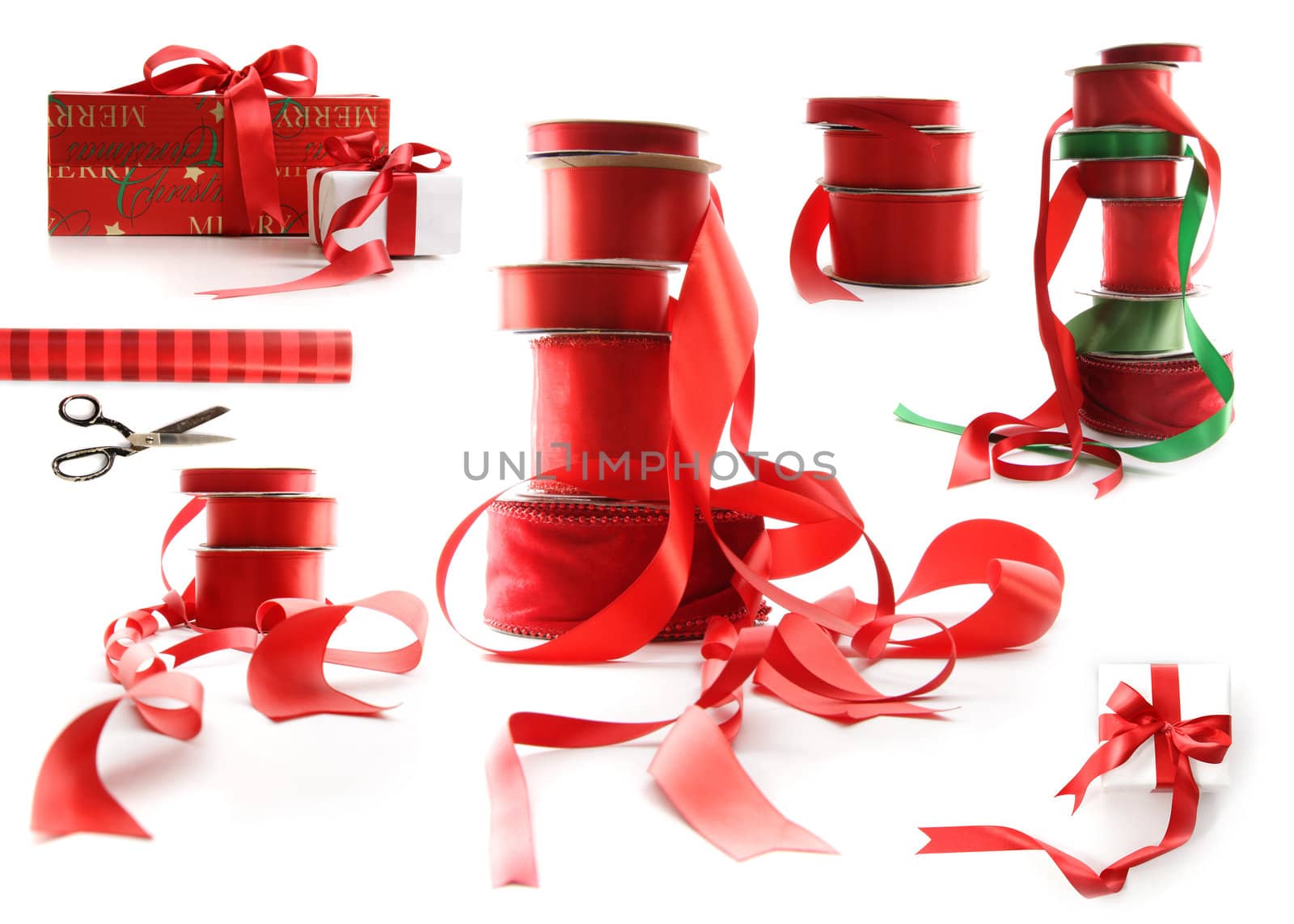 Different sizes of red ribbons and gift wrapped boxes on white by Sandralise