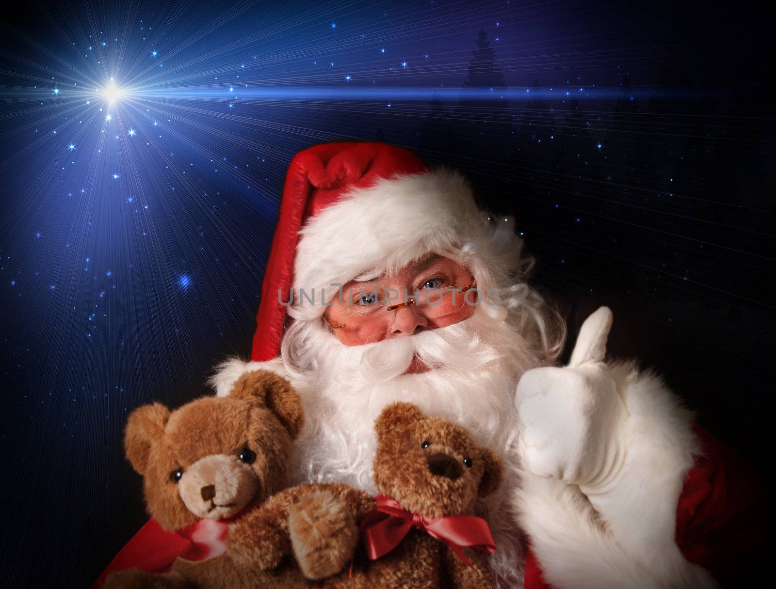 Santa smiling holding toy teddy bears by Sandralise