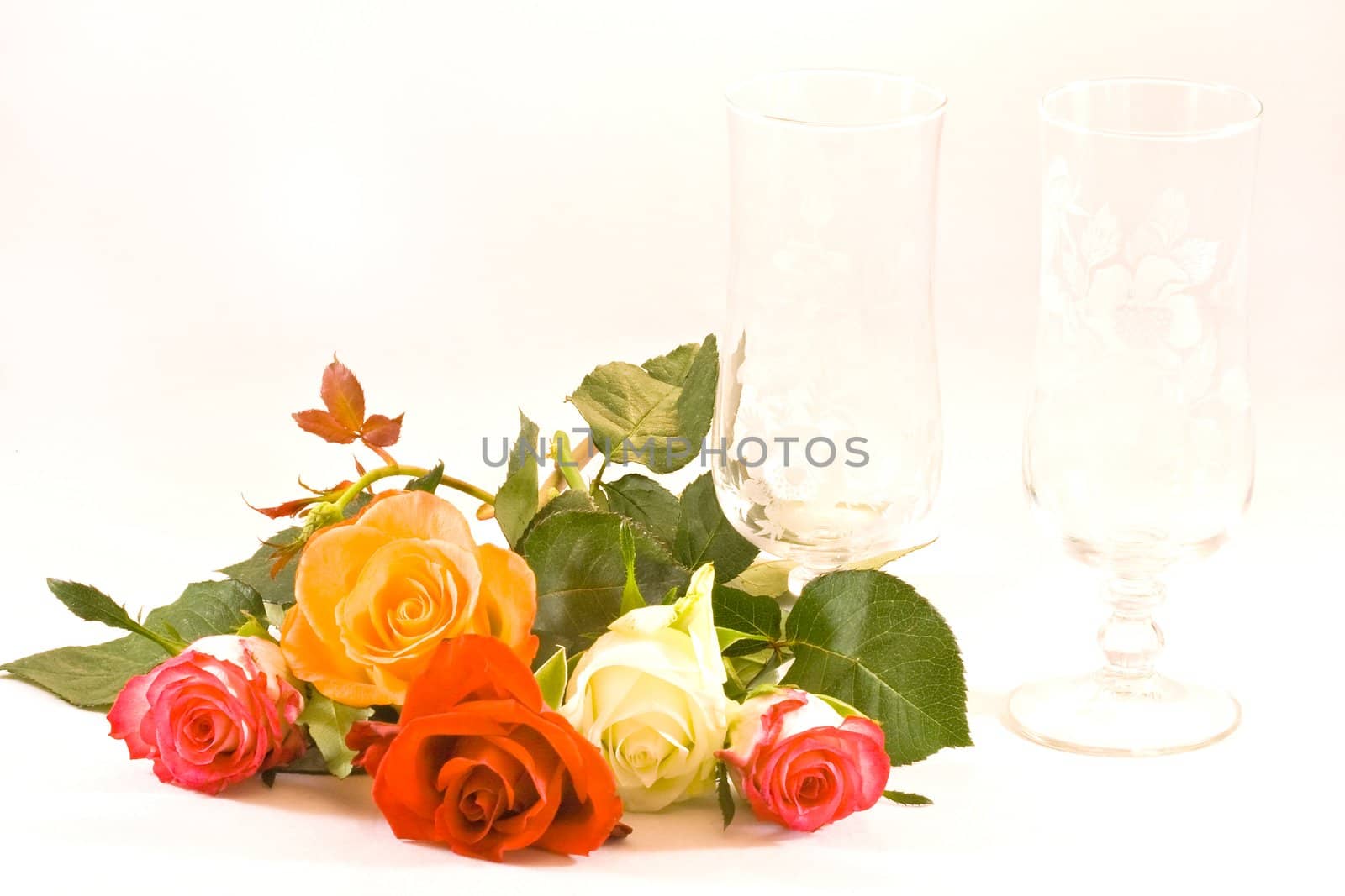 Five roses and two by hand engraved glasses on white background