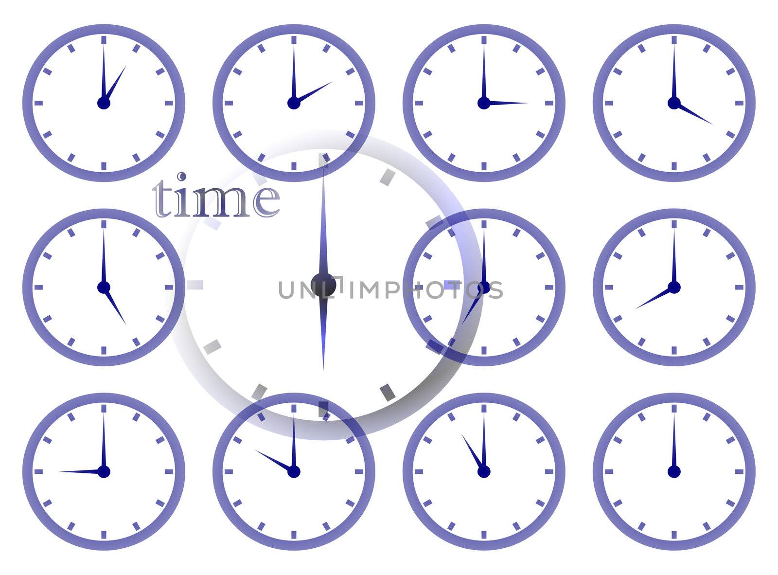 time passing multiple clock face illustration
