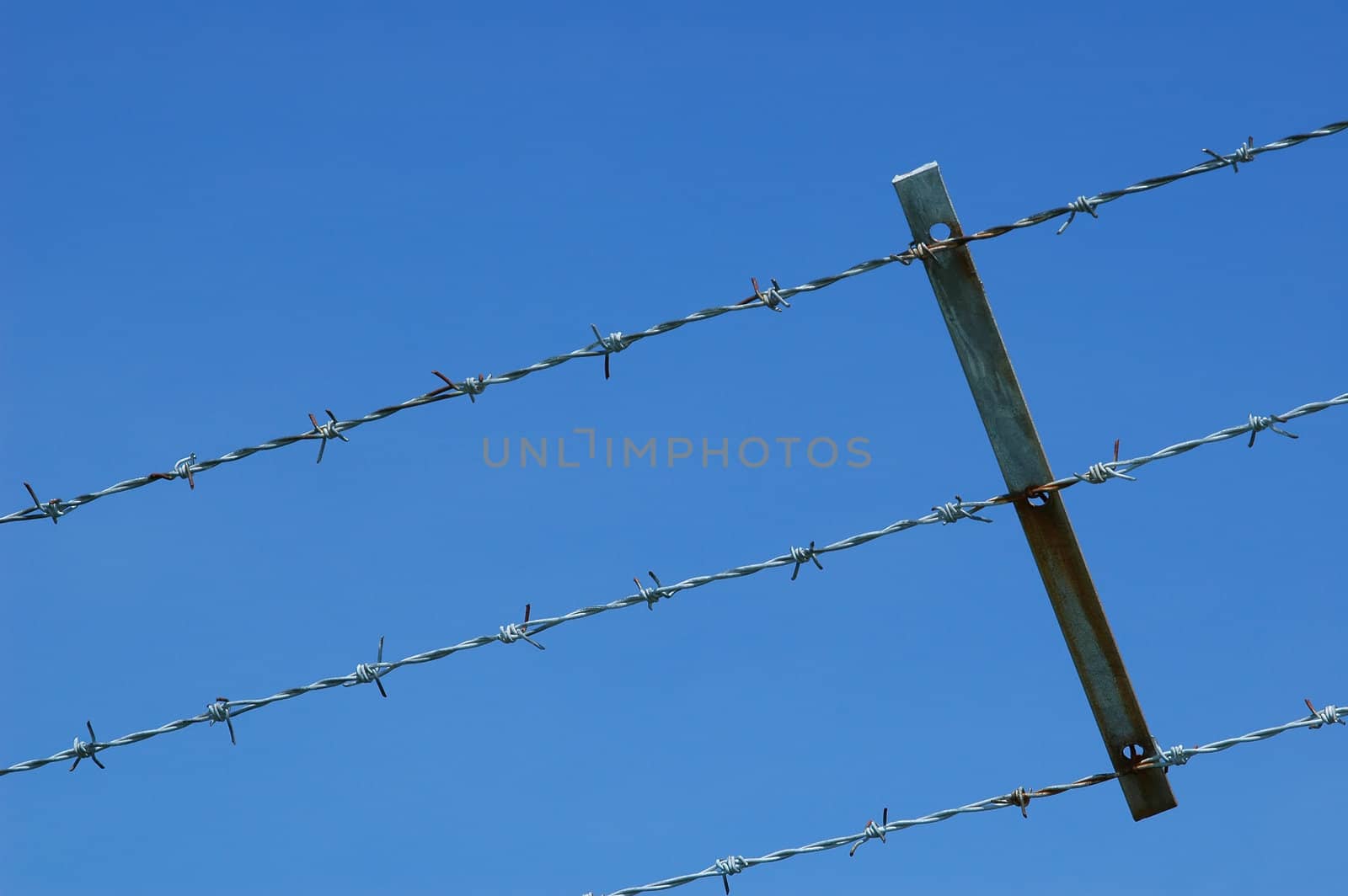 barbed wire fencing against blue sky