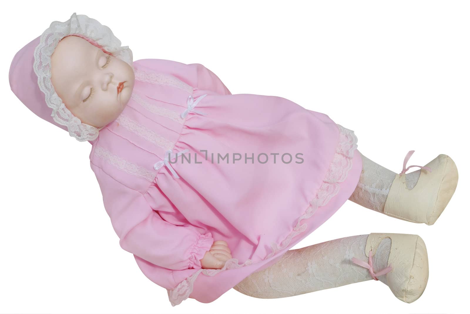 Antique Doll in Pink Dress isolated with clipping path          