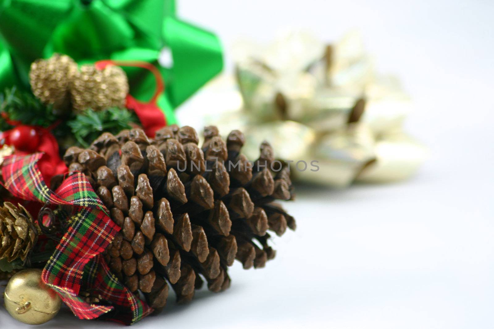 pine cones and bows by leafy