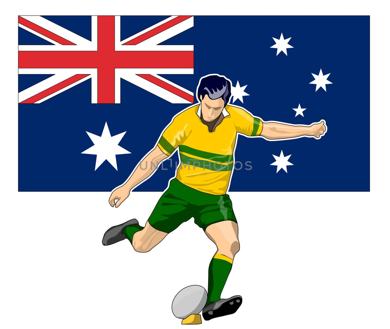 illustration of Rugby player kicking ball front view with Australia flag in background 