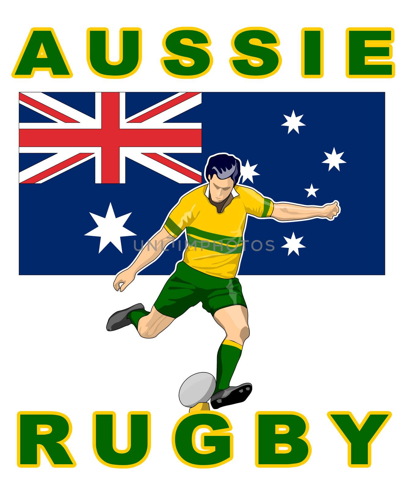 illustration of Rugby player kicking ball front view with Australia flag in background  with words "aussie rugby"