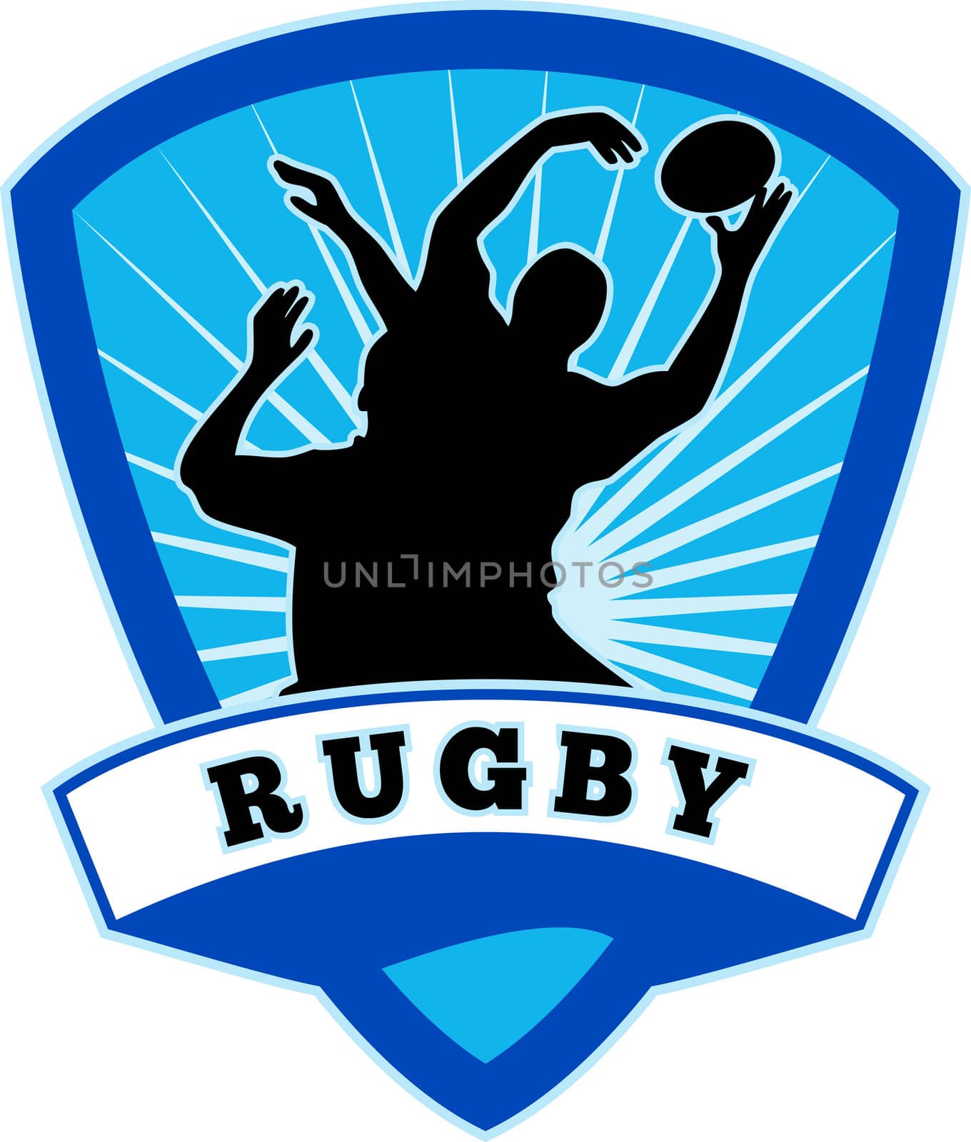 illustration of silhouette of rugby player jumping to catch line-out throw set inside shield with words rugby"