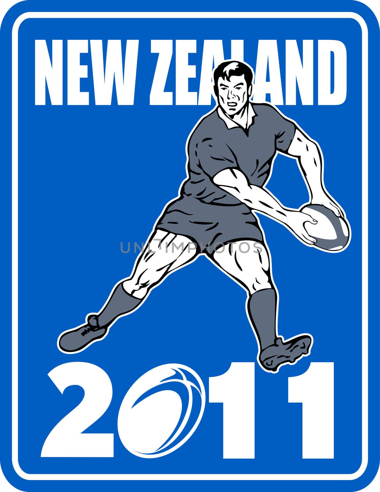 illustration of a Rugby player running passing run ball with words New Zealand  2011