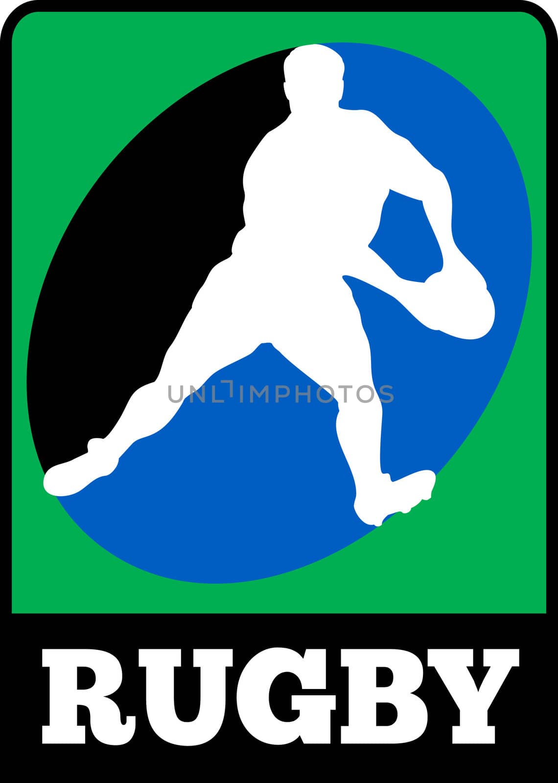 illustration of a silhouette of Rugby player running passing run ball with words "rugby"