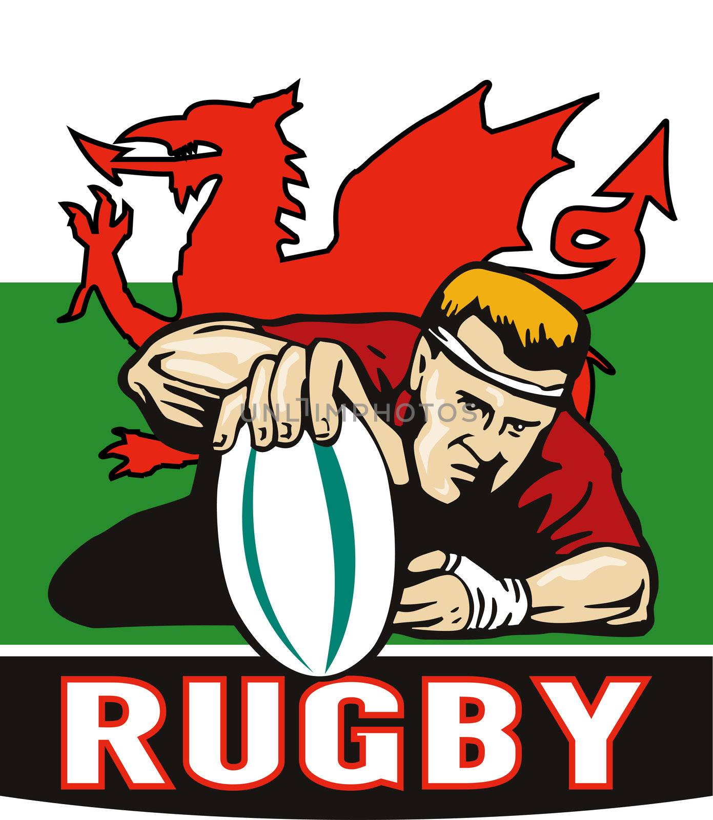 illustration of a Rugby player scoring try viewed from front with wales or welsh  flag in background and words "rugby"