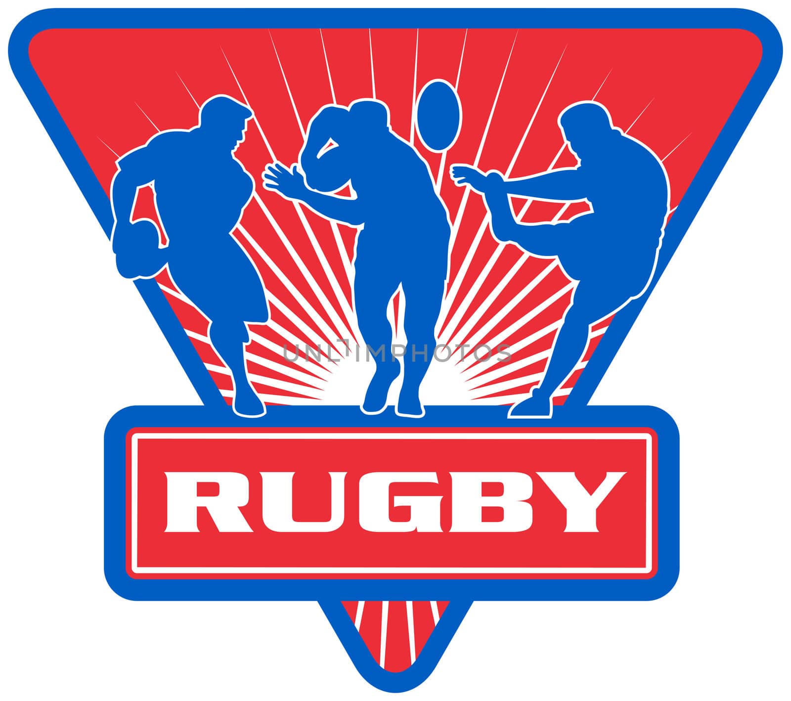 illustration of silhouette of rugby player running passing fending and kicking the ball set inside a shield with words "rugby"