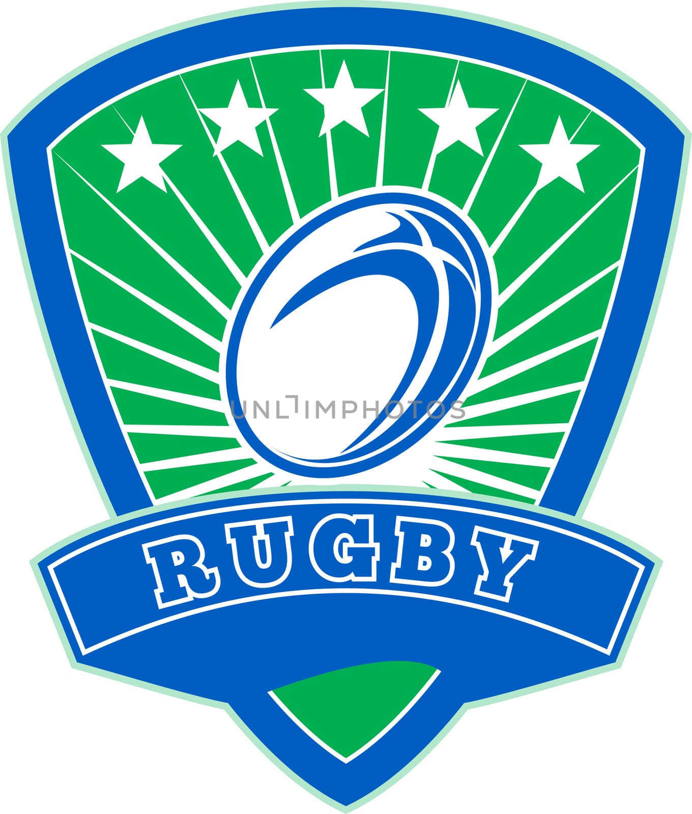 illustration of a rugby ball with stars and sunburst set inside shield with words "rugby"