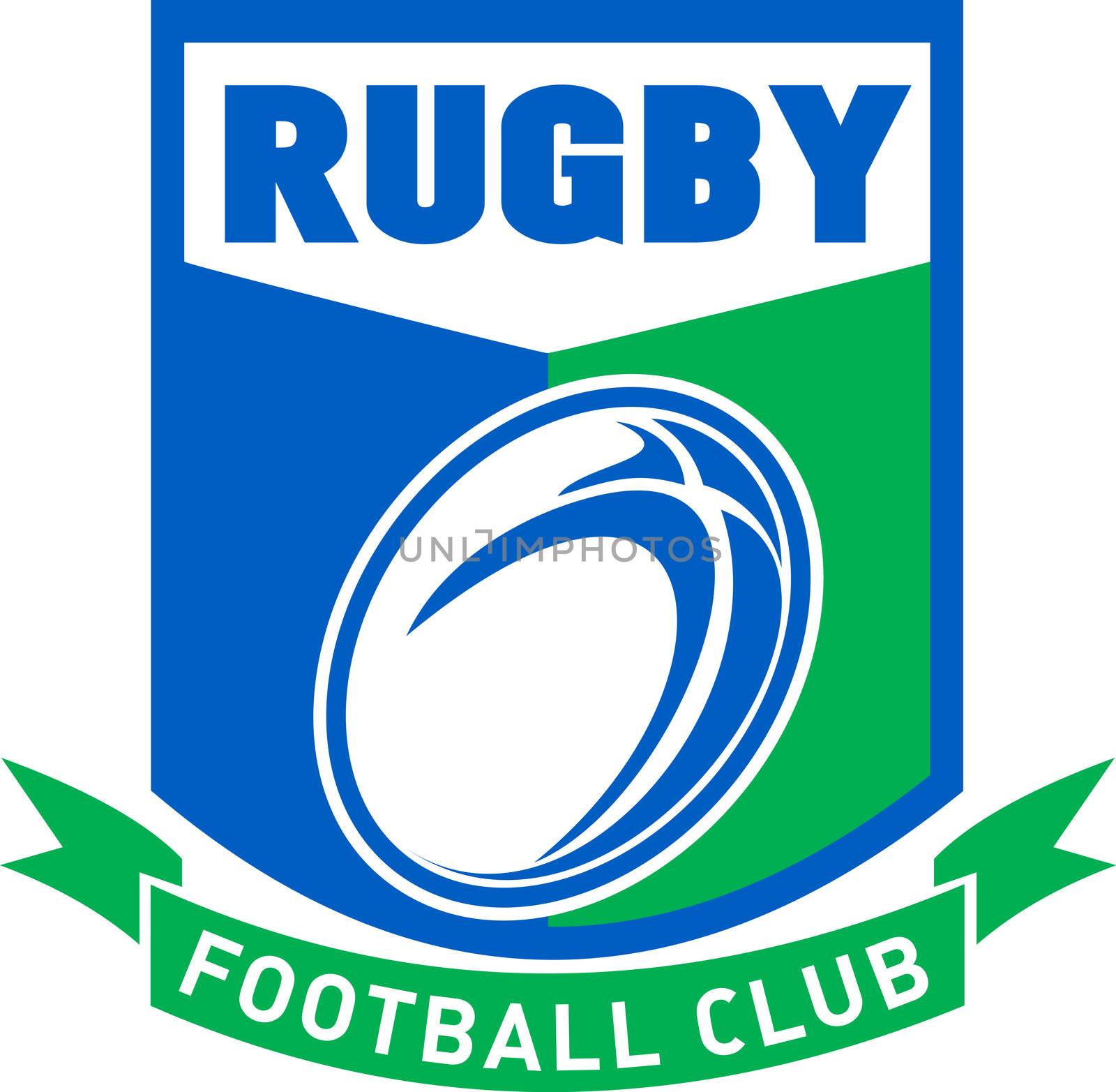 illustration of a rugby ball set inside shield with ribbon scroll and words "rugby football club"