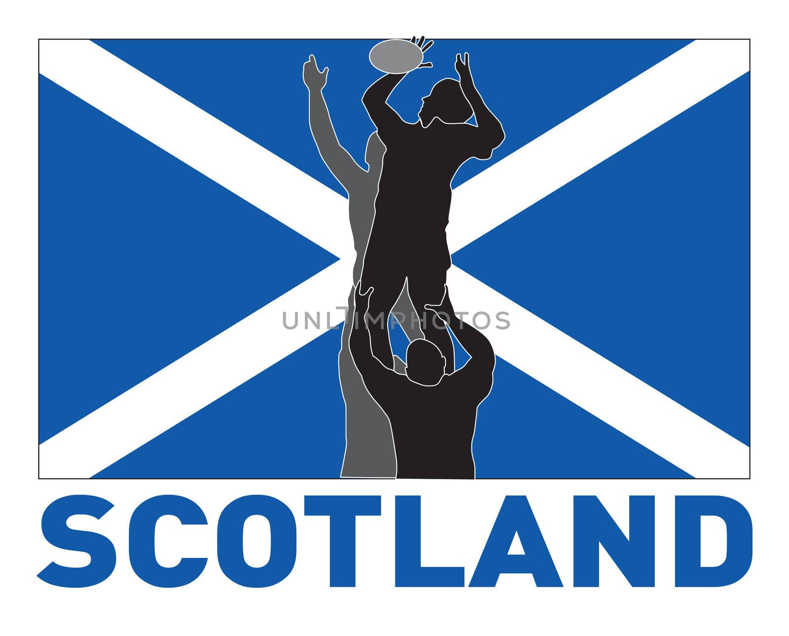 illustration of Rugby player catching lineout throw ball with scotland flag in background 