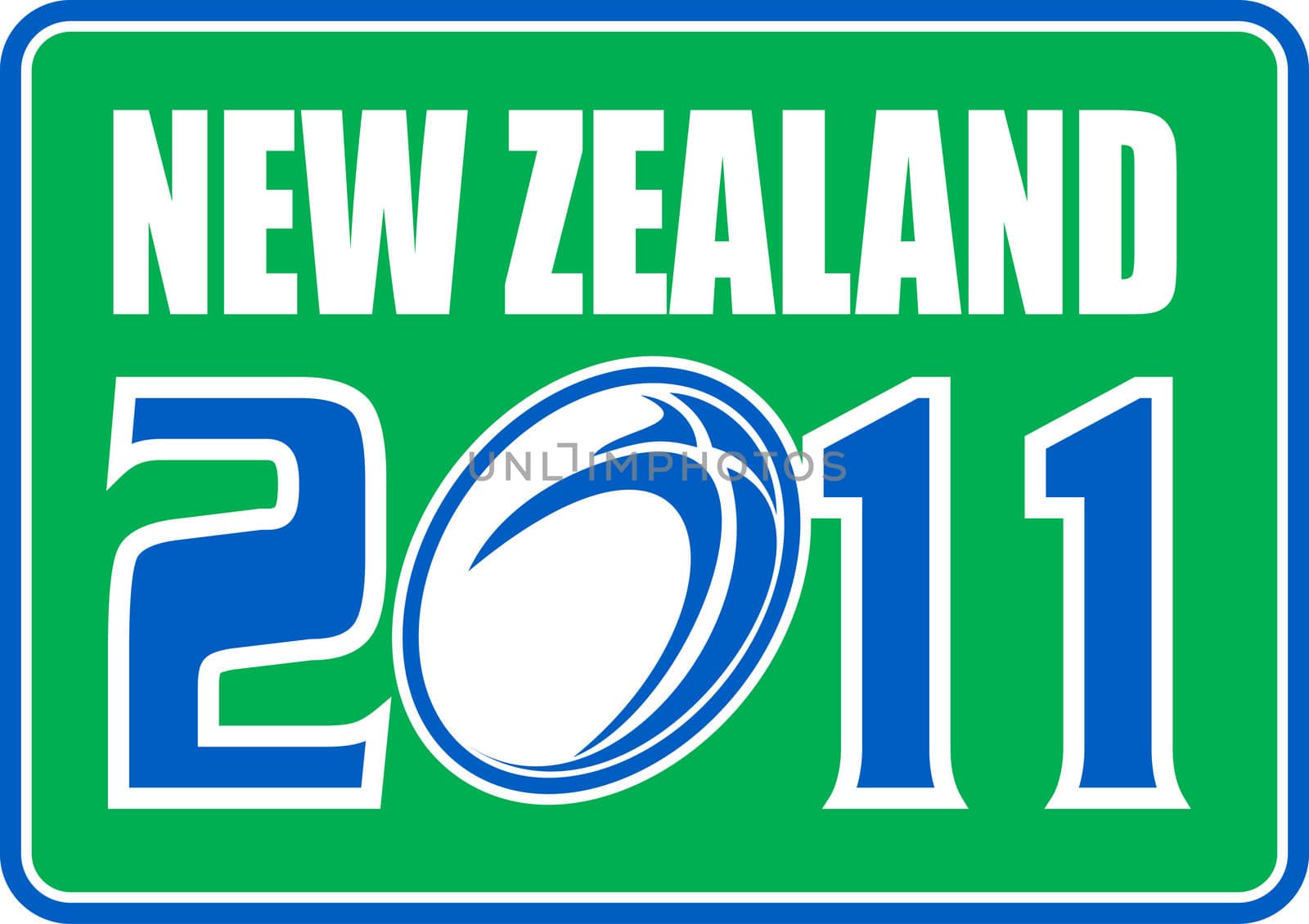 illustration of a sign, symbol showing a rugby ball with words "new zealand 2011" set inside a rectangle.