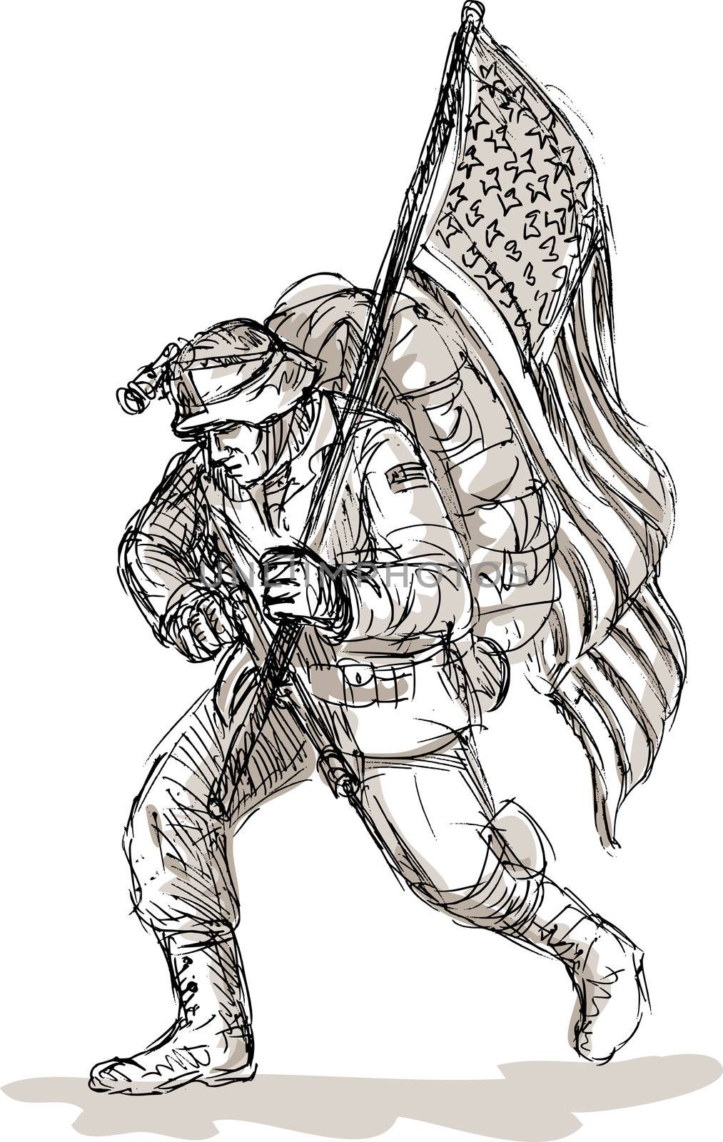 hand drawn sketch of a Dejected American soldier in full battle gear carrying flag isolated on white background