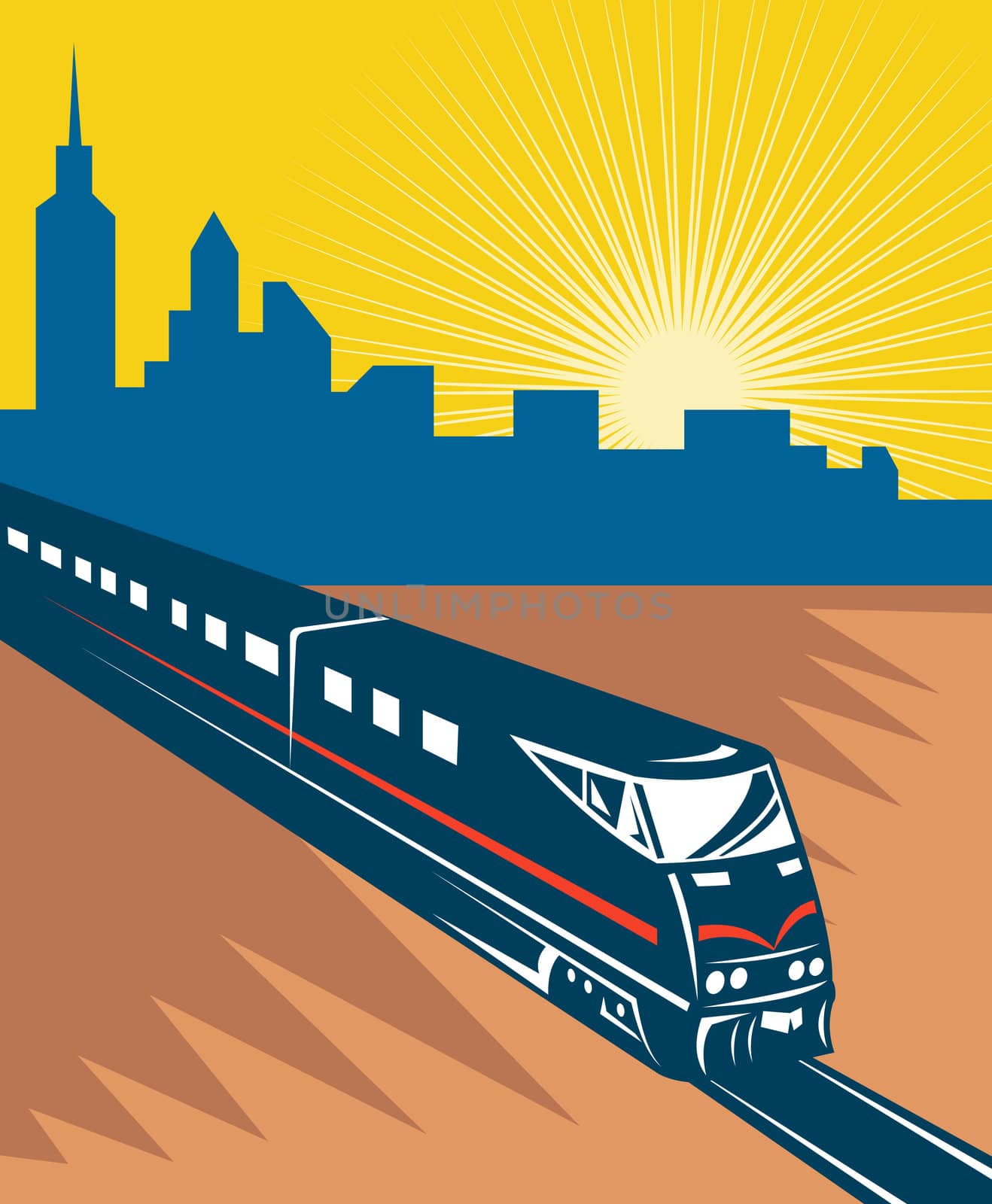 illustration of a Speeding passenger train city skyline in the background done in retro style.