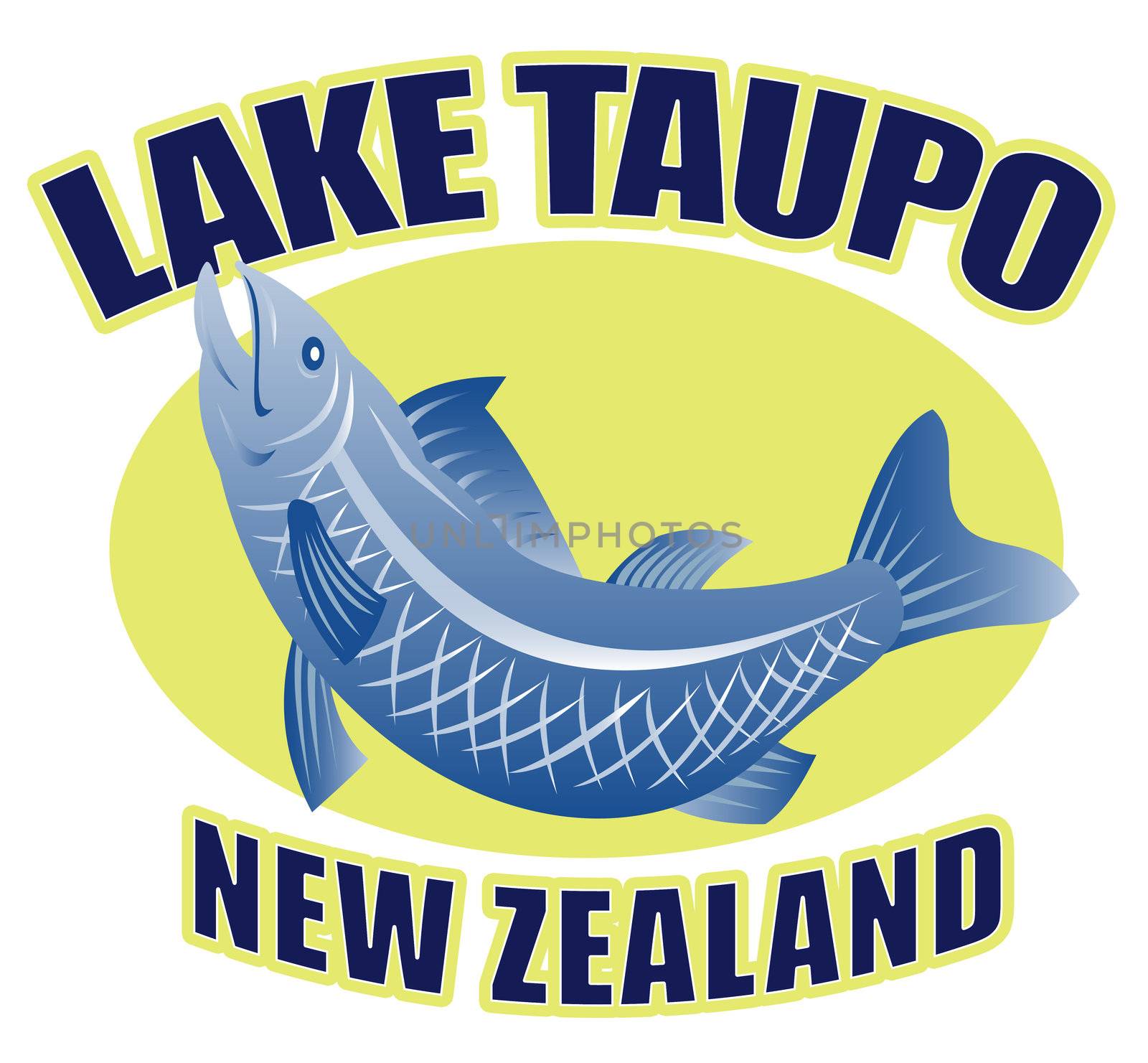 retro style illustration of a Trout fish jumping side view with words "lake taupo new zealand"