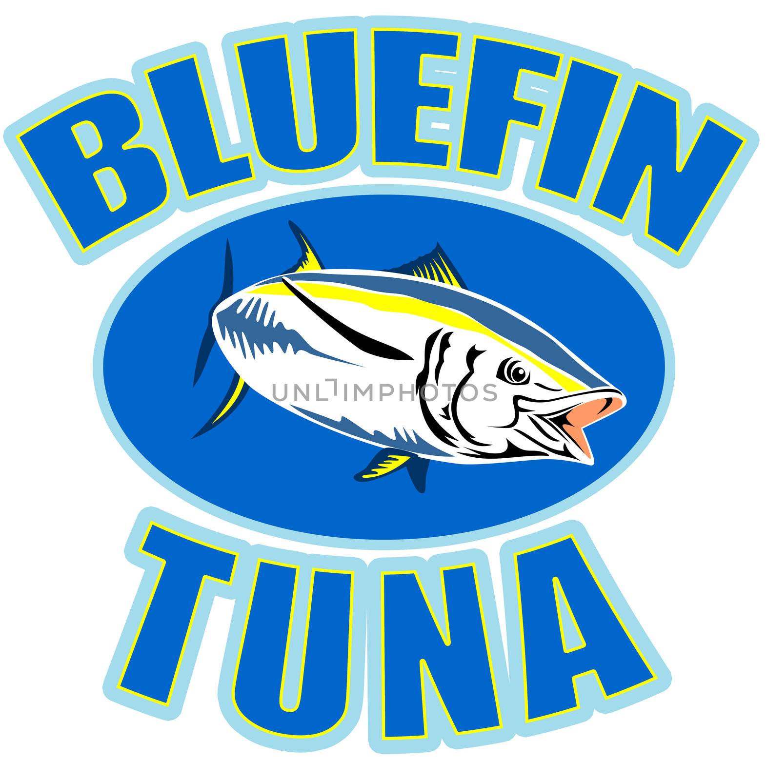 illustration of a bluefin tuna swimming with words "bluefin tuna"