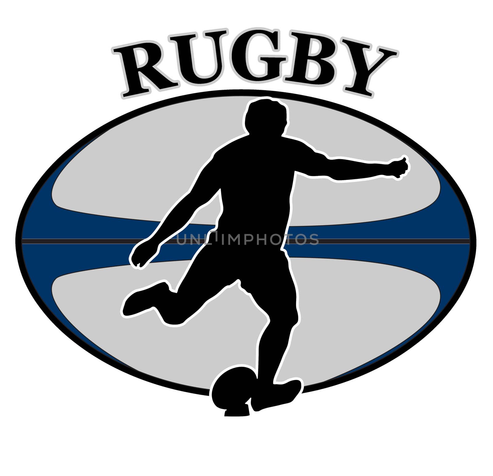 illustration of a rugby player kicking ball with ball in background and words "rugby"