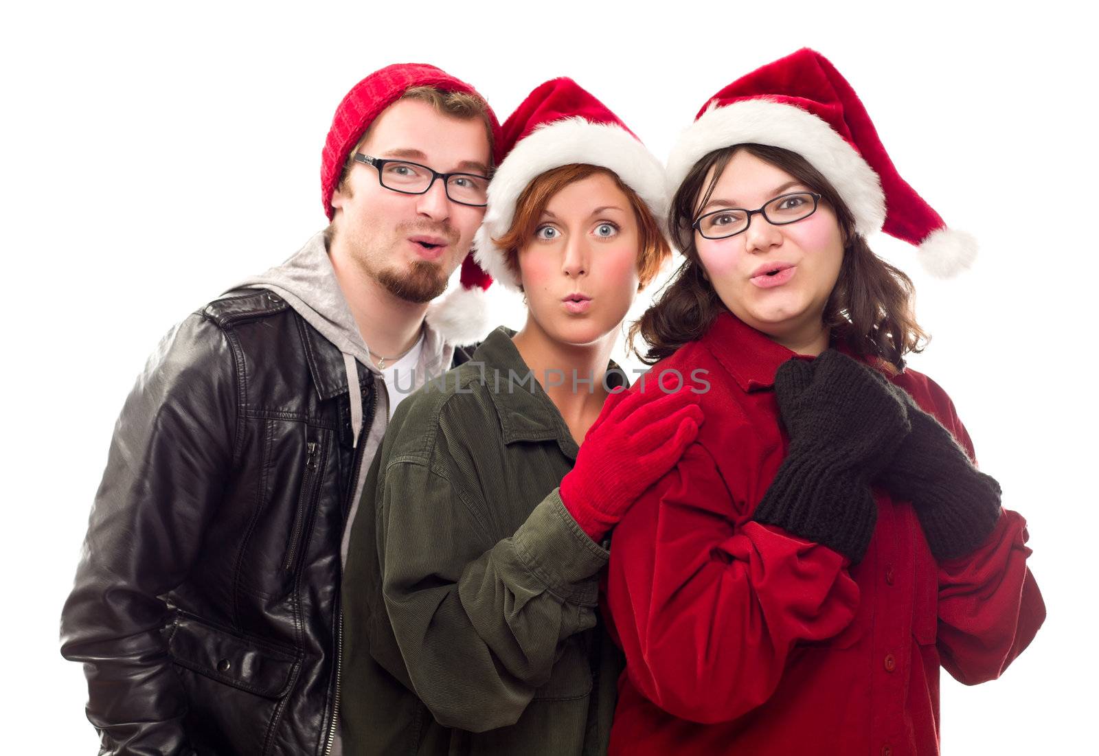 Three Friends Wearing Warm Holiday Attire Isolated on a White Background.