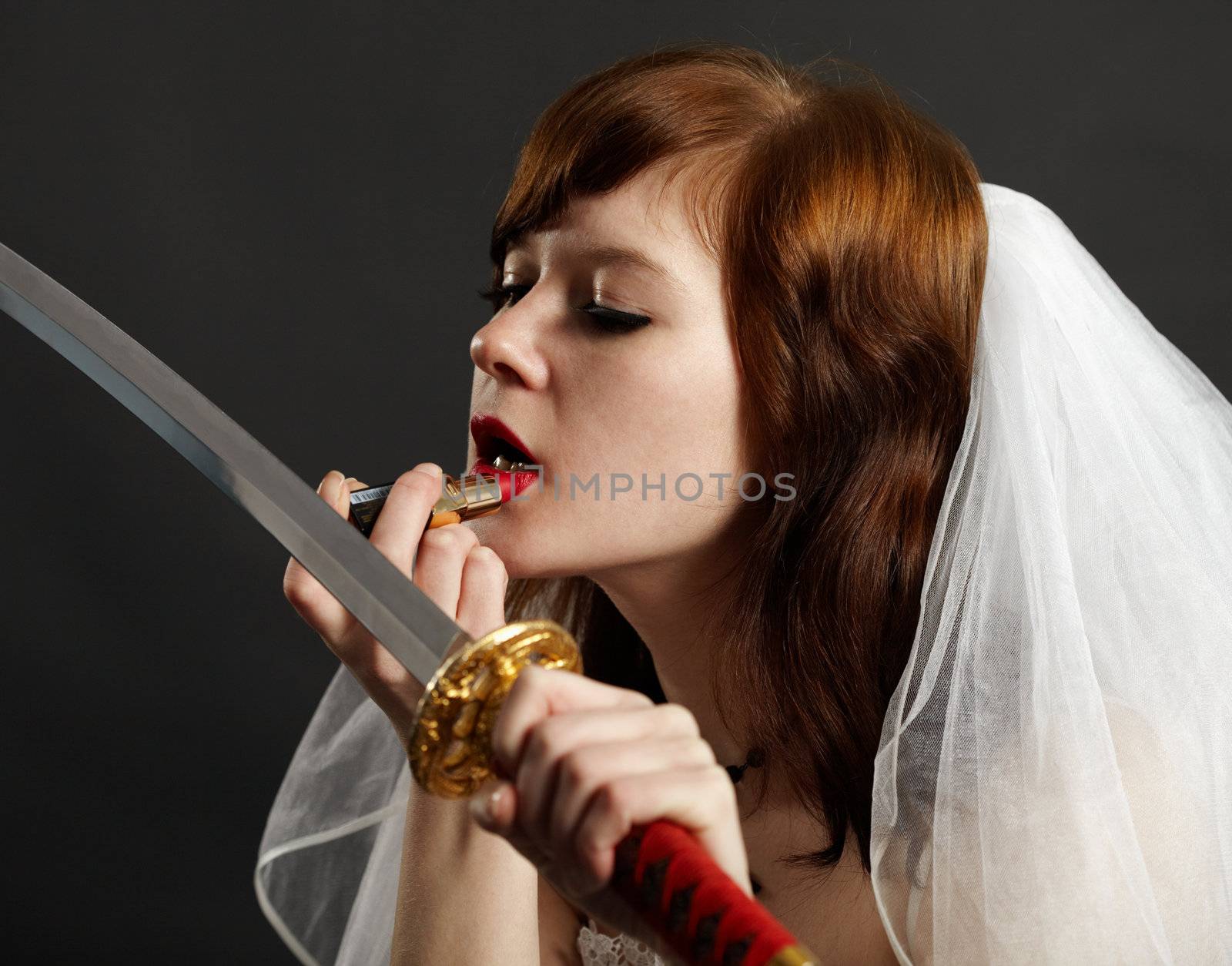 Bride lipstick using reflection in sword by pzaxe