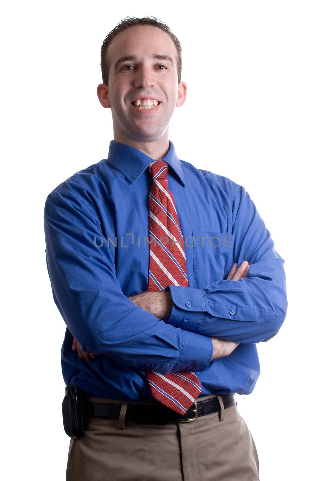 Portrait of a smiling businessman with a strong shadow on the right side of his body and face