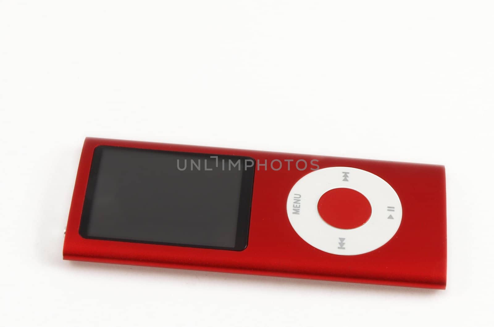 Red music player gadget, towards white background