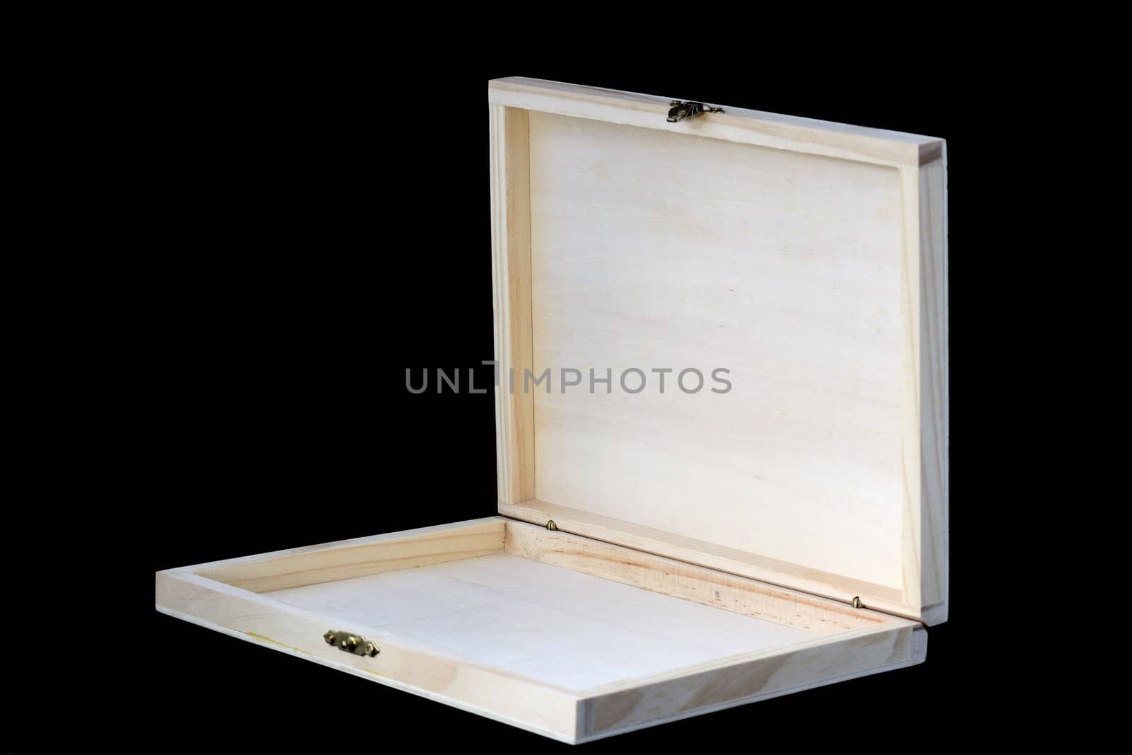 Empty thin wooden box on a black background.