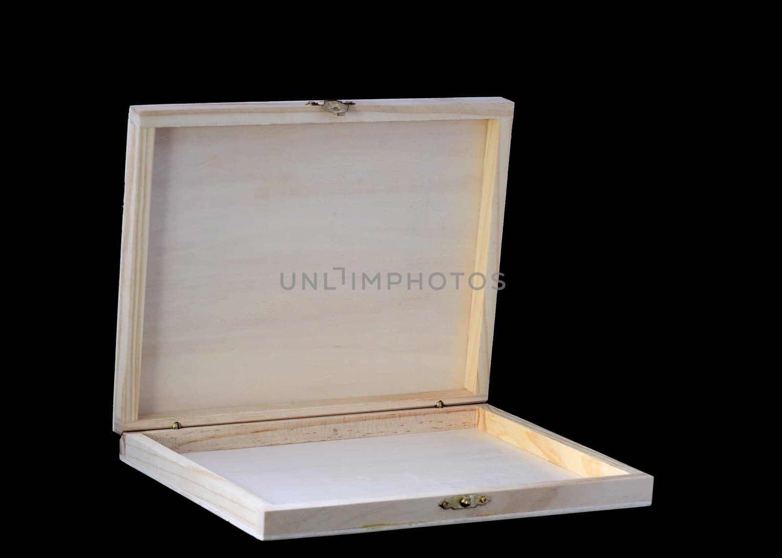 Empty thin wooden box on a black background.