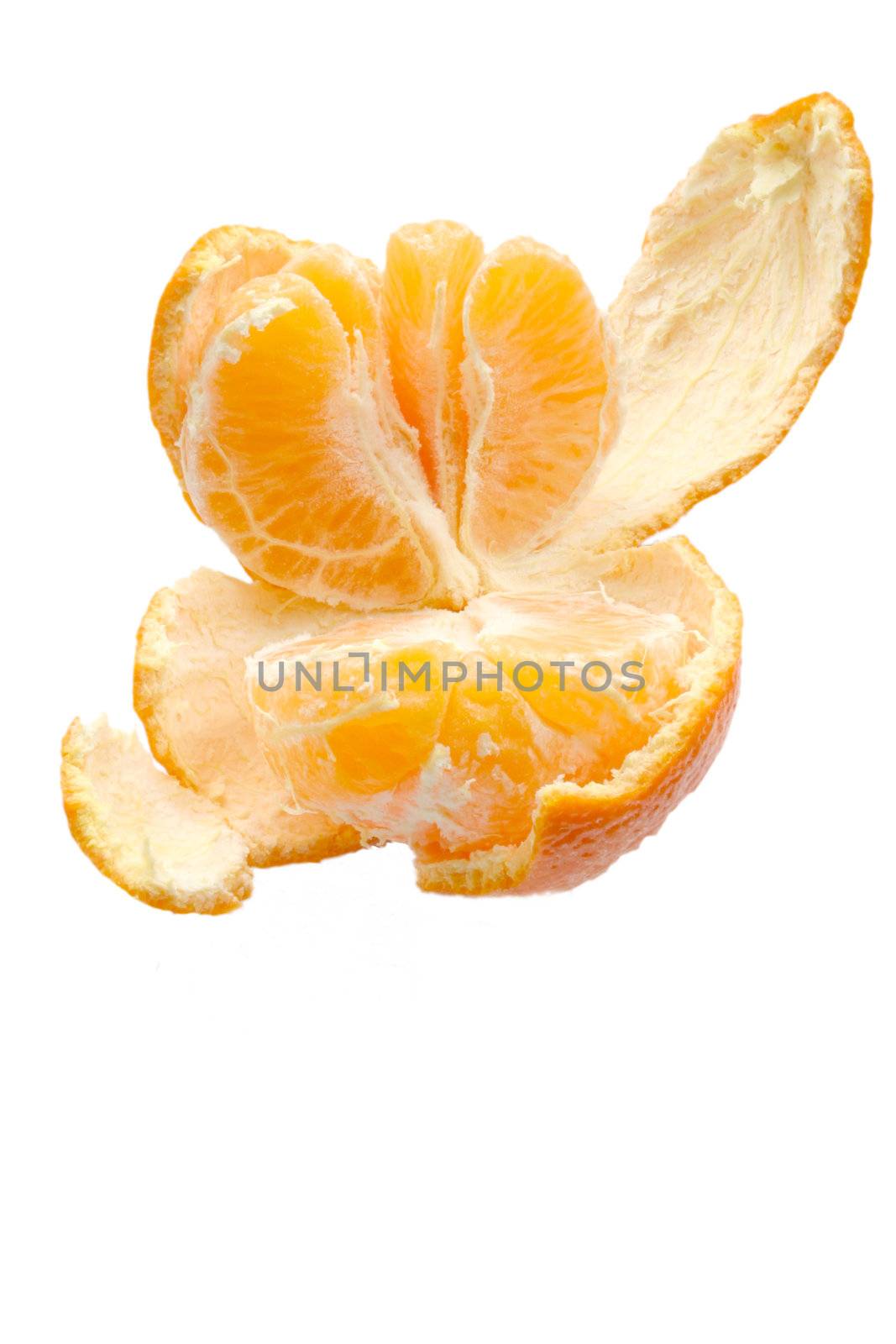 open peeled orange over white background