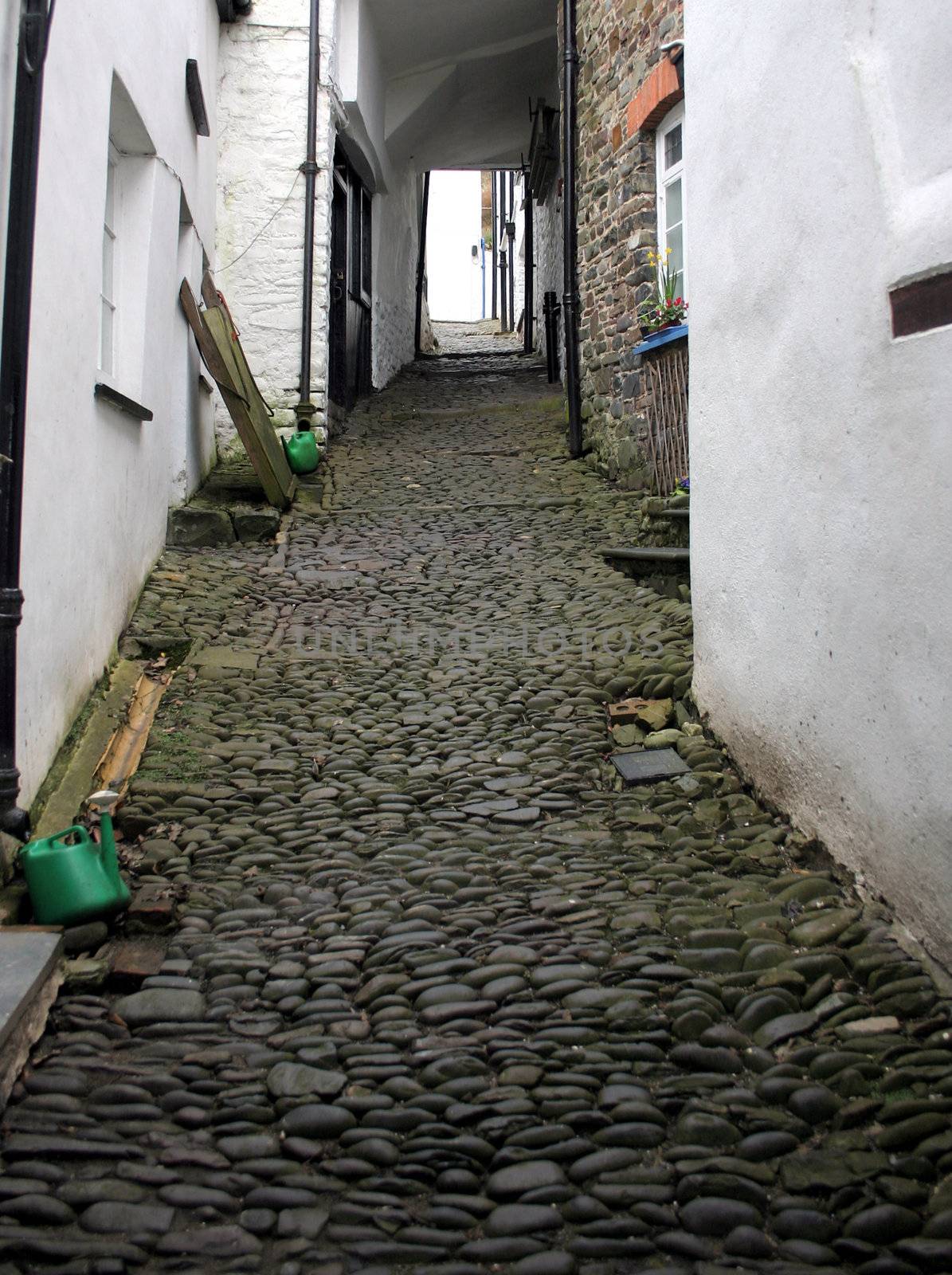 old cottaages with narrow cobble path between them 