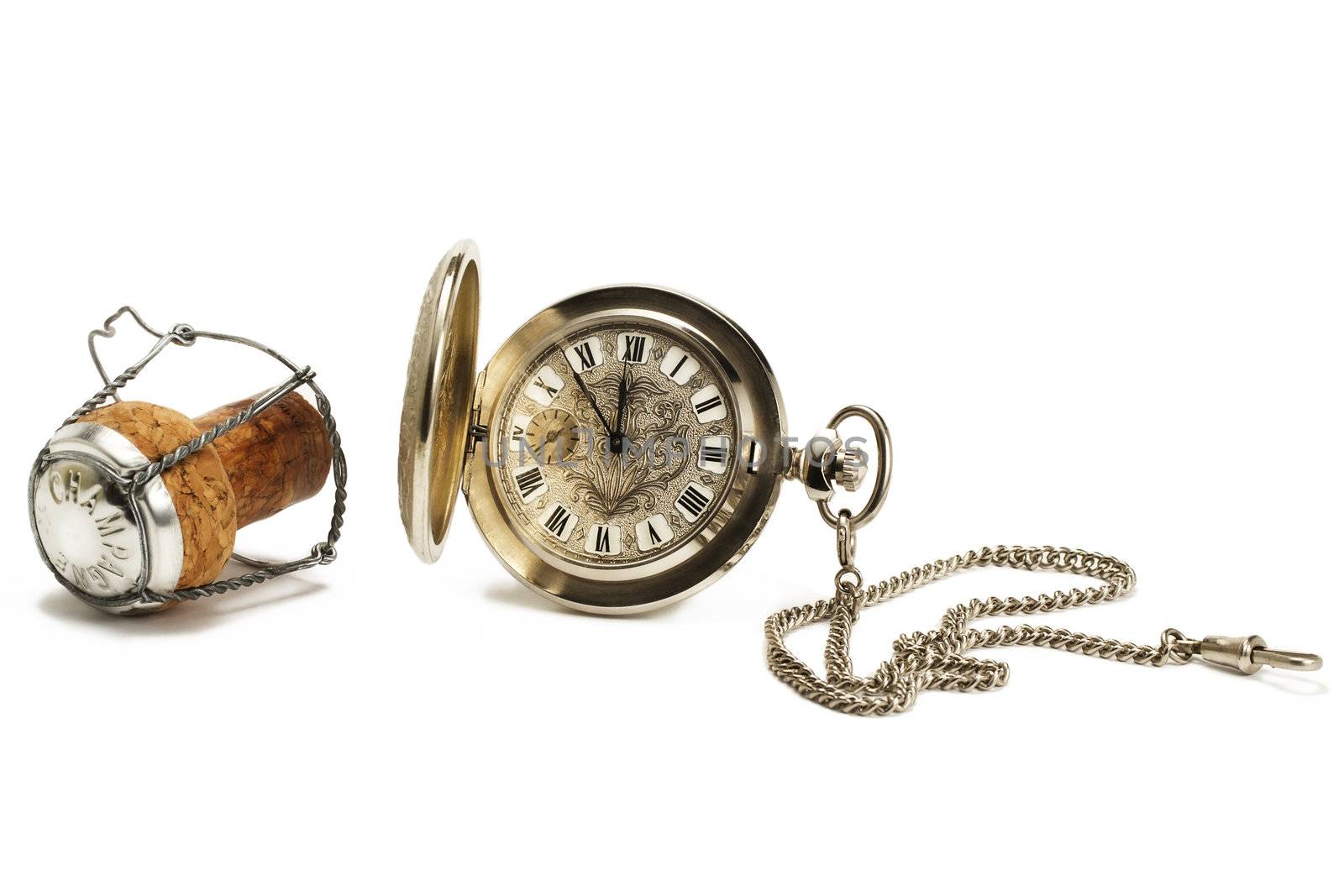 old pocket watch with a cork on white background