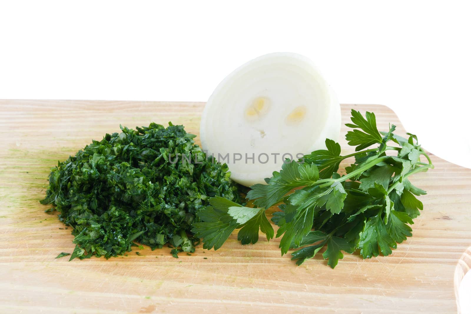onion and chopped parsley isolated on white background with clipping path