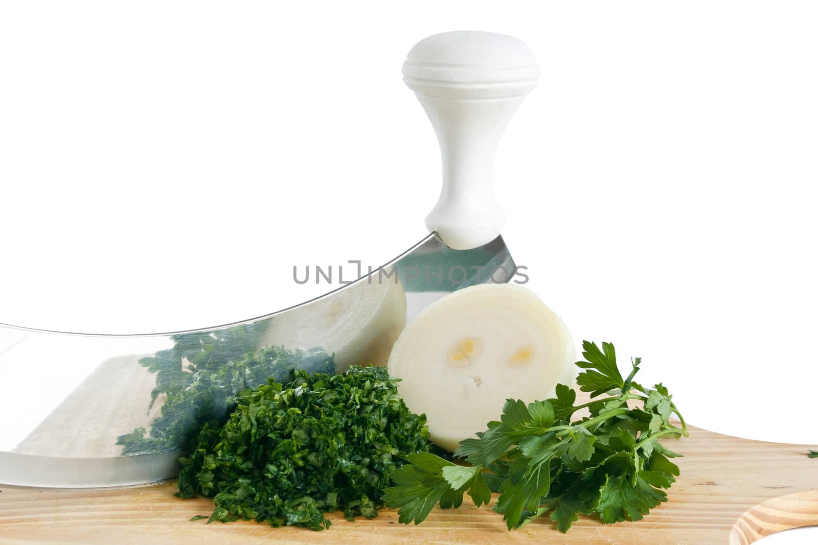 onion and  parsley with crescent-shaped chopping knife isolated on white background with clipping path