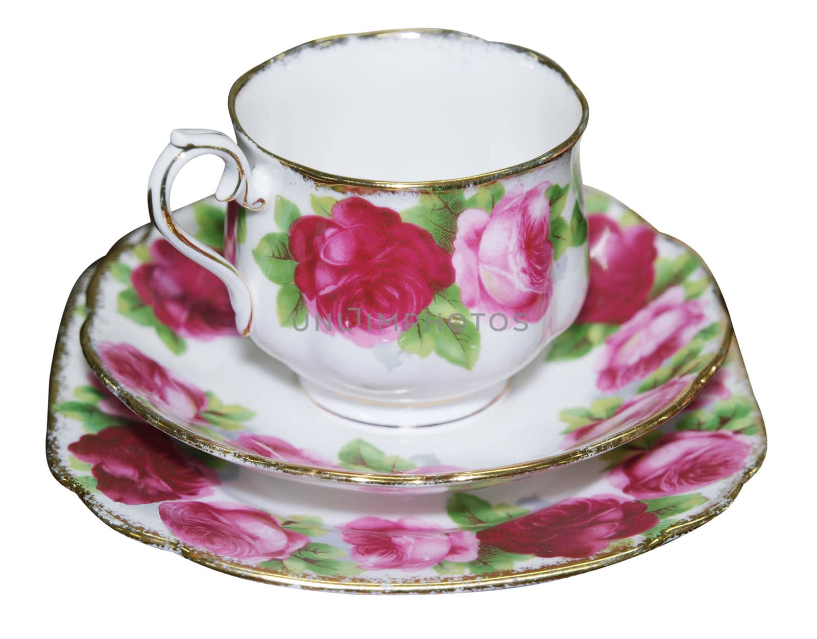 Cup saucer and Plate with Roses isolated with clipping path        