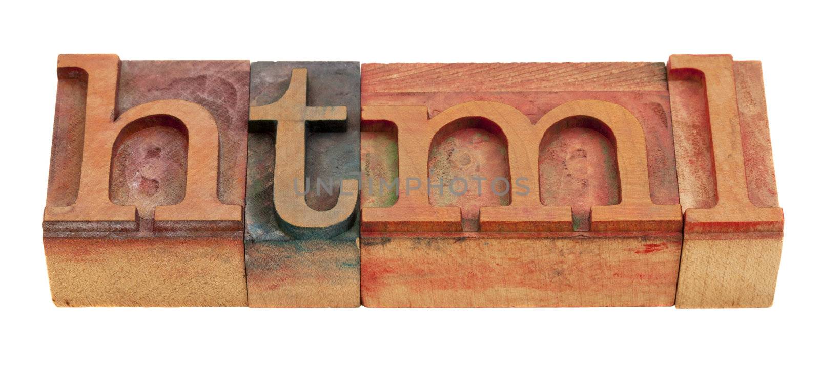 html (hyper text markup language) -  word in vintage wooden letterpress printing blocks isolated on white