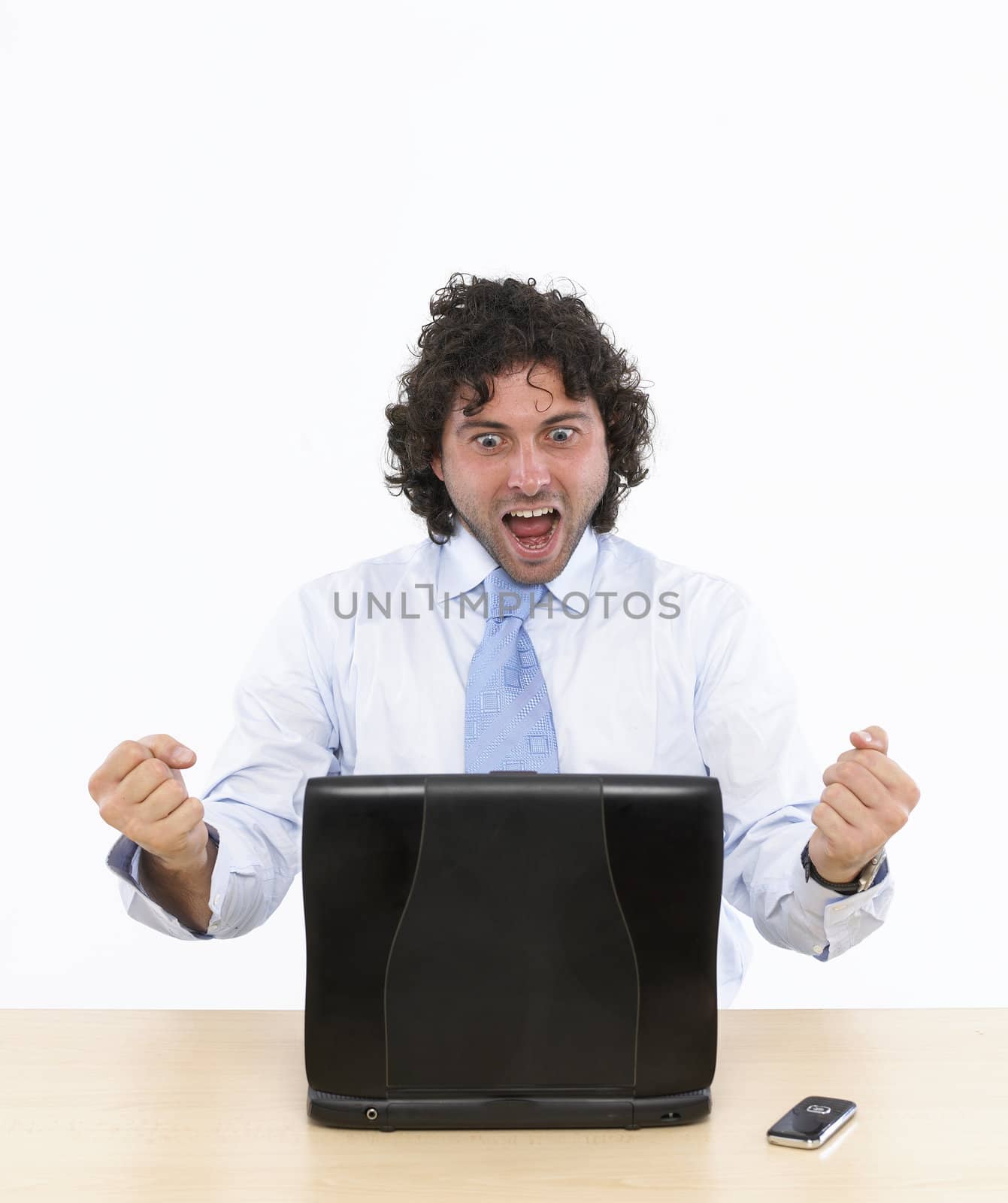 Arms Raised on Laptop isolated in white