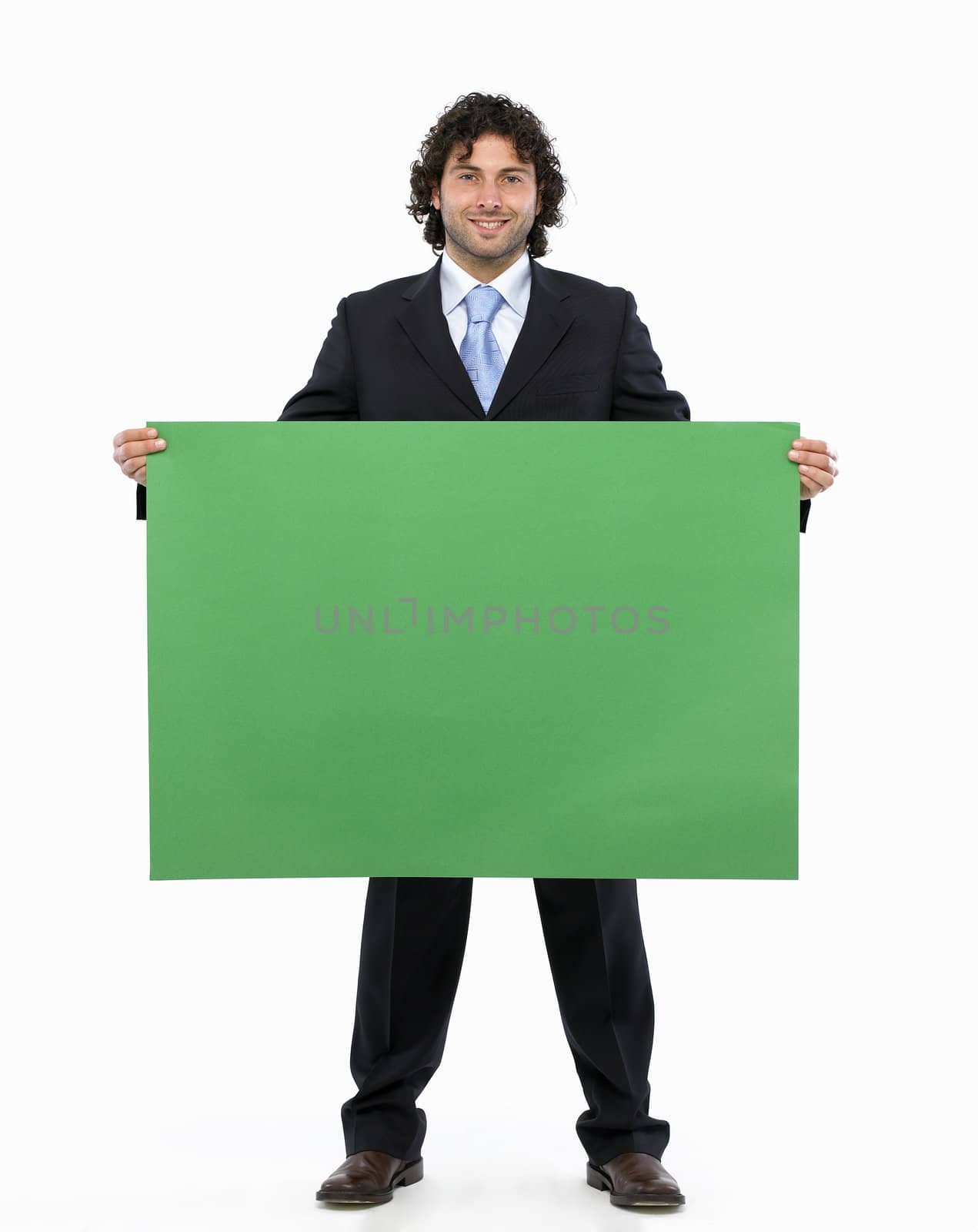 businessman holding blank sign isolated on white