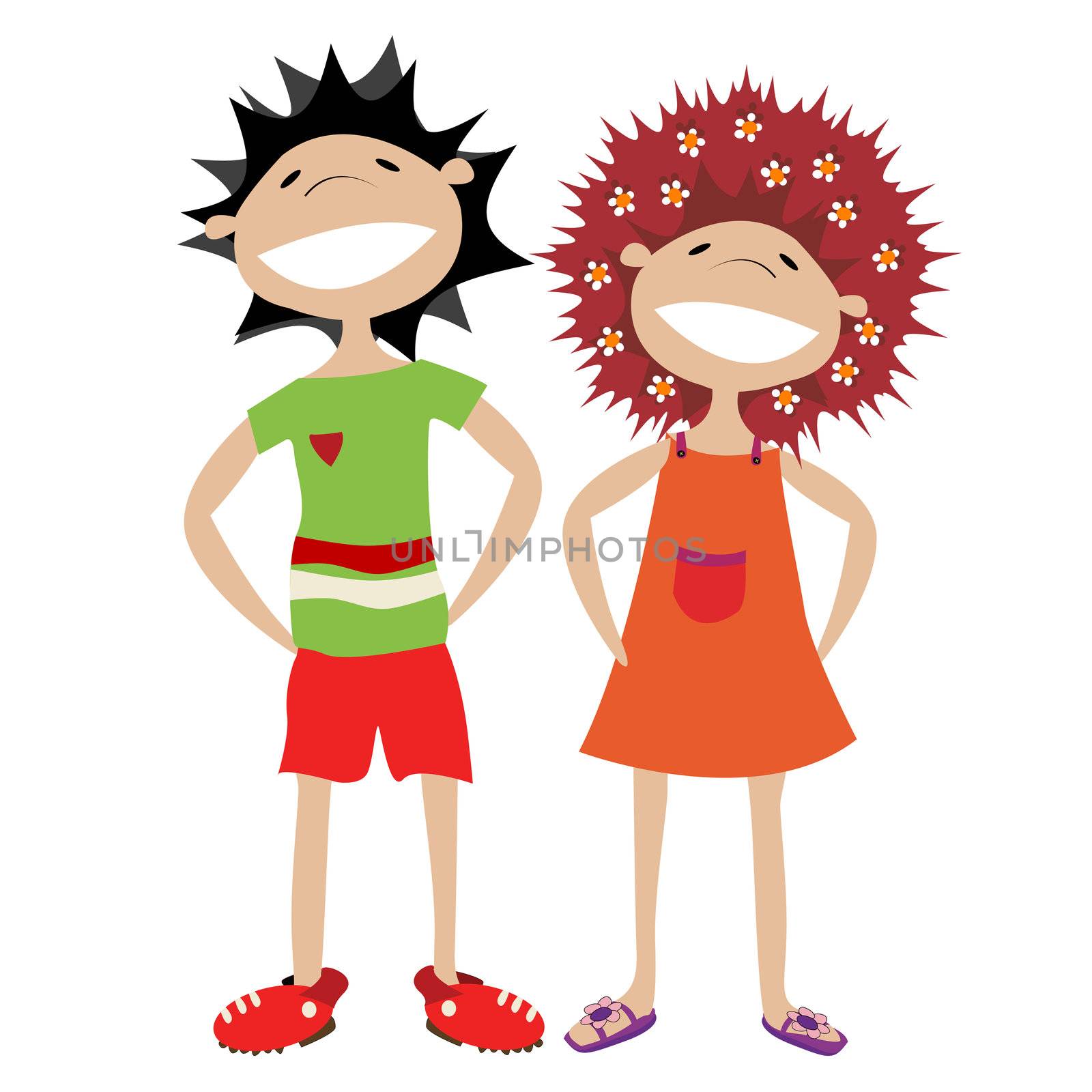 Happy, smilling couple, stylized characters over white background