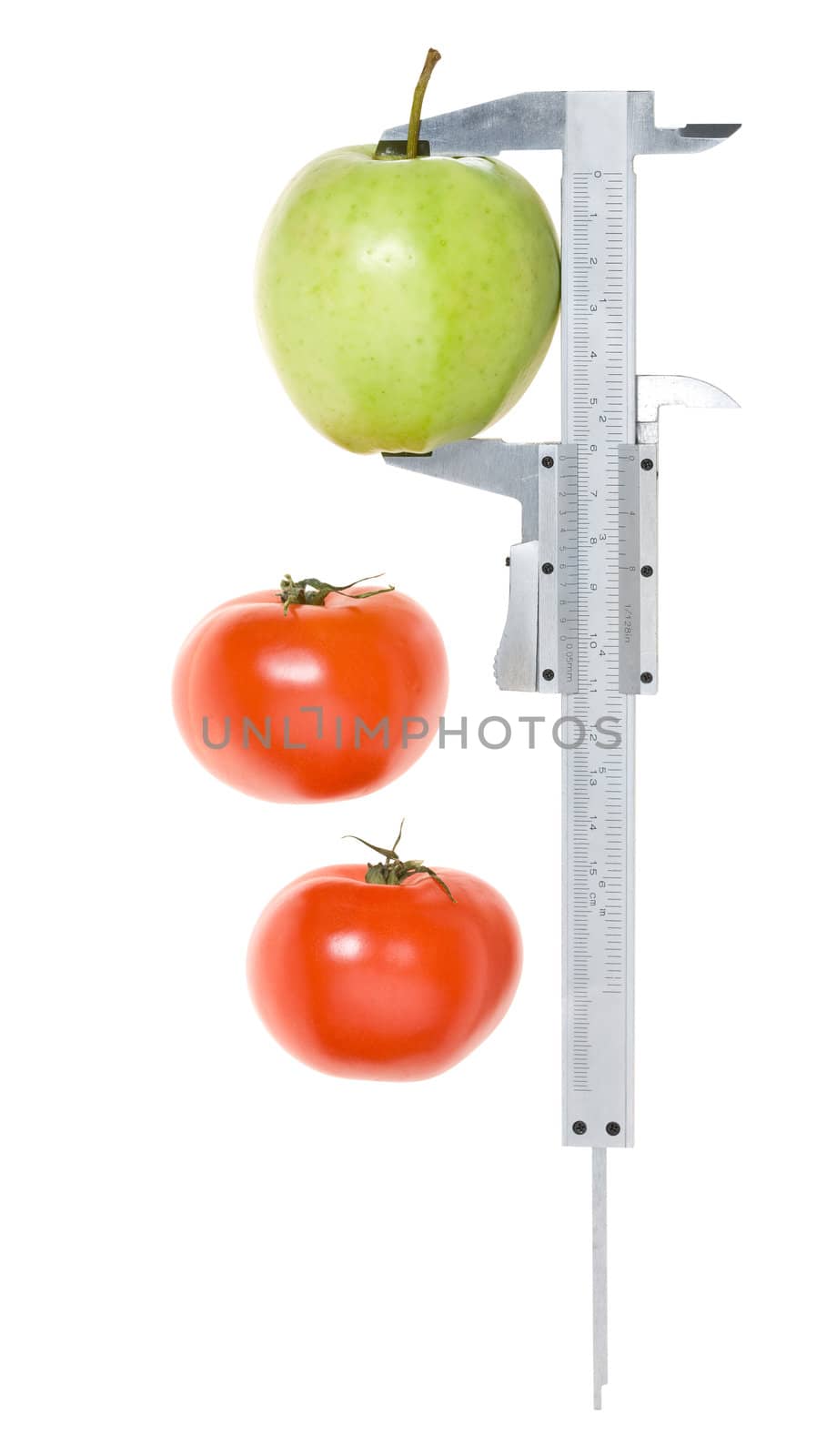 Trimmel with apple and tomato isolated on white. Clipping paths