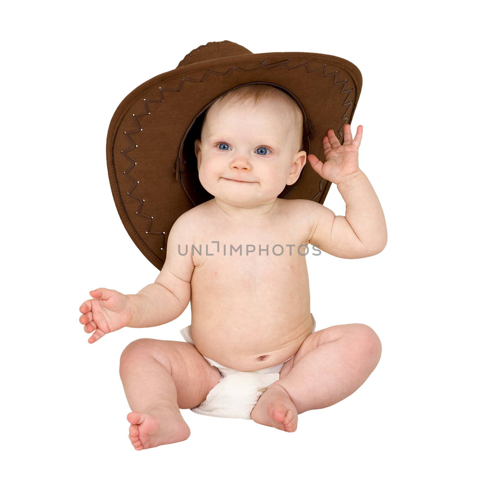 Baby in cowboy hat on the white background