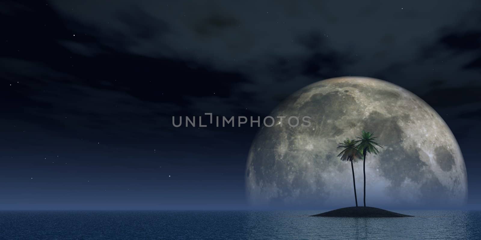 island with palms and full moon - 3d illustration