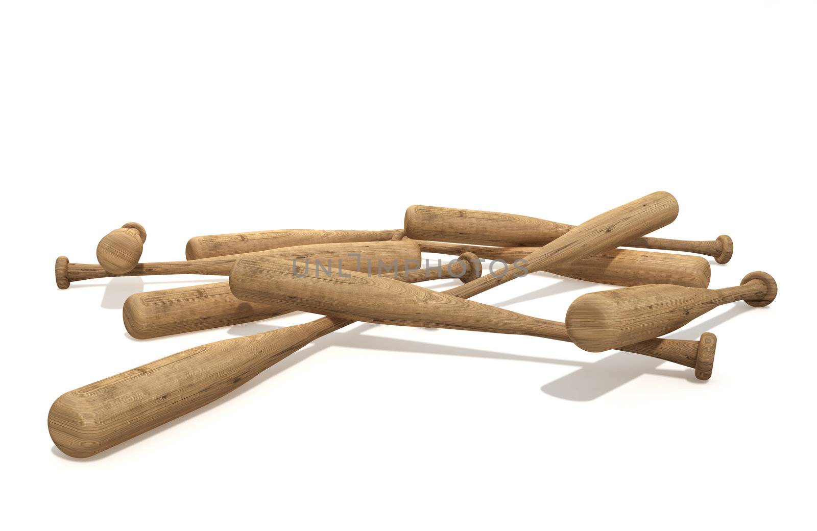 a pile of baseball bats isolated over white