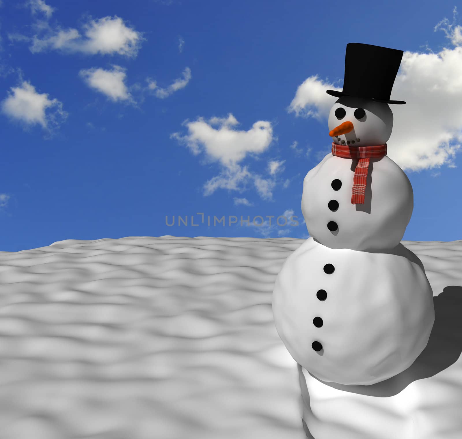 Nice looking snowman with perfect blue sky in the background.