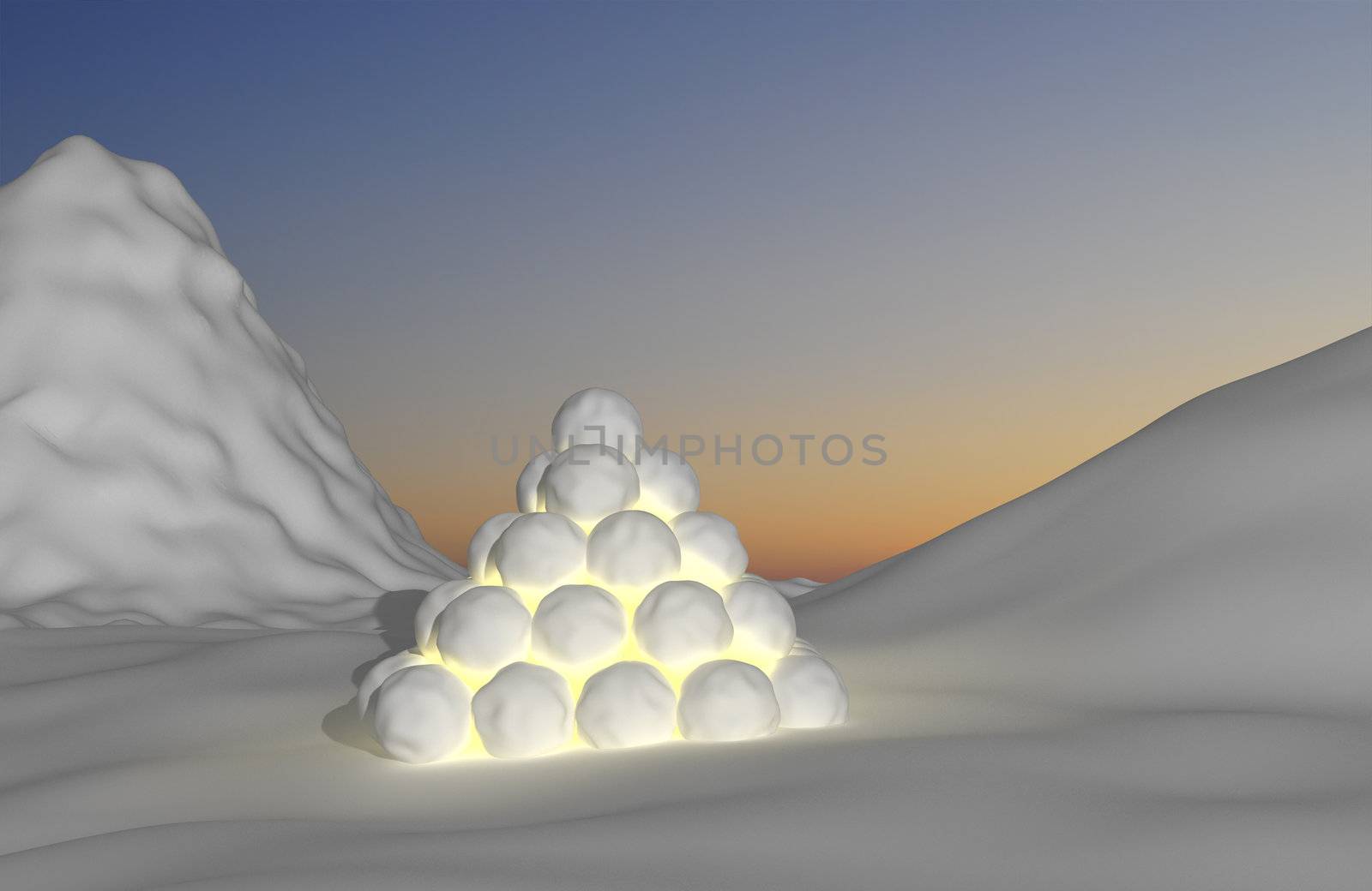 Lantern/lamp made of snowballs with candle light inside.  Snowy landscape and sunset