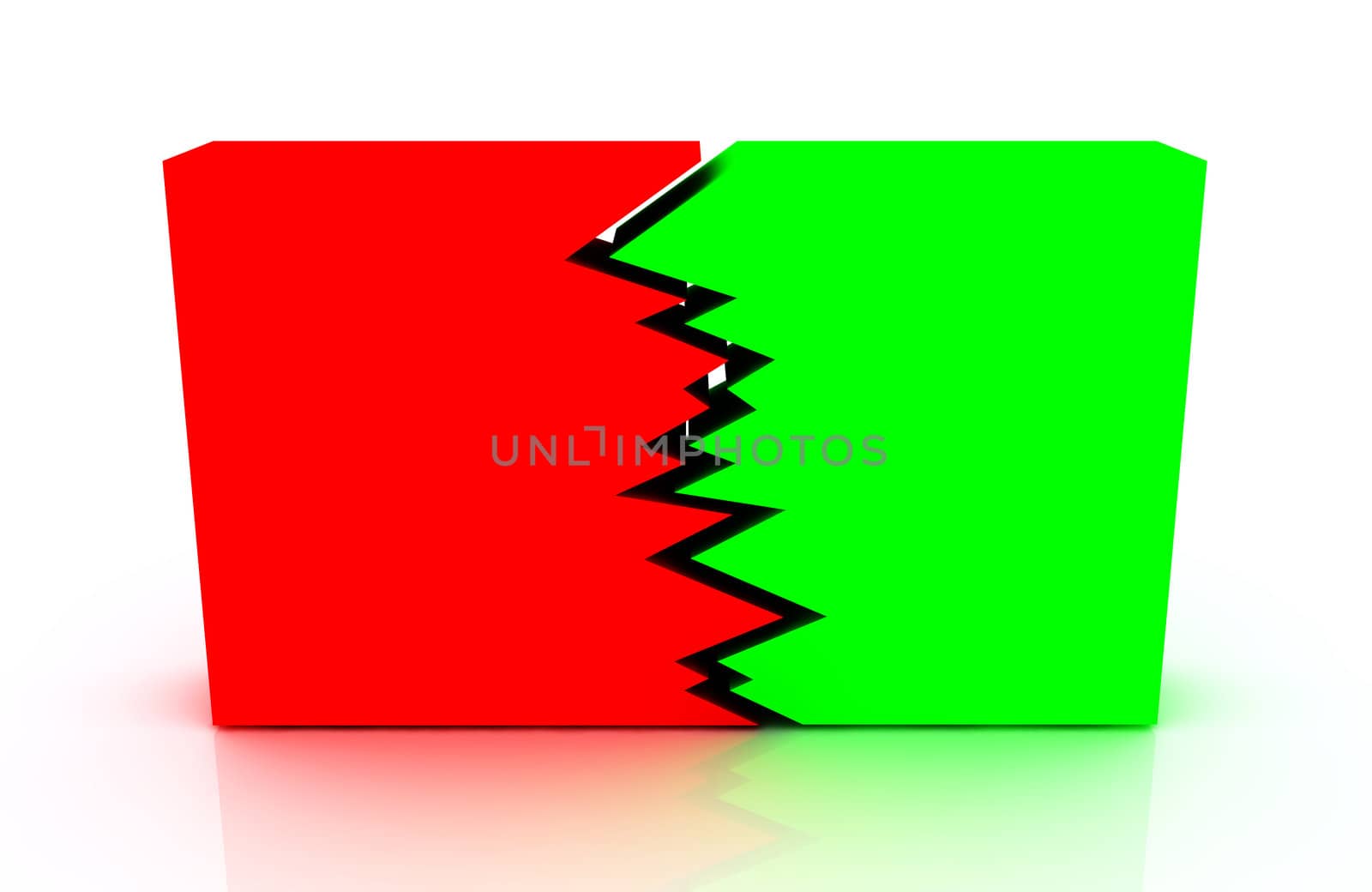 Big green and red block with a crack between. business concept