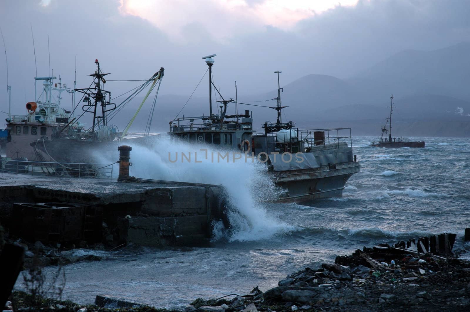 Landscapes of Sakhalin, the ship at a mooring